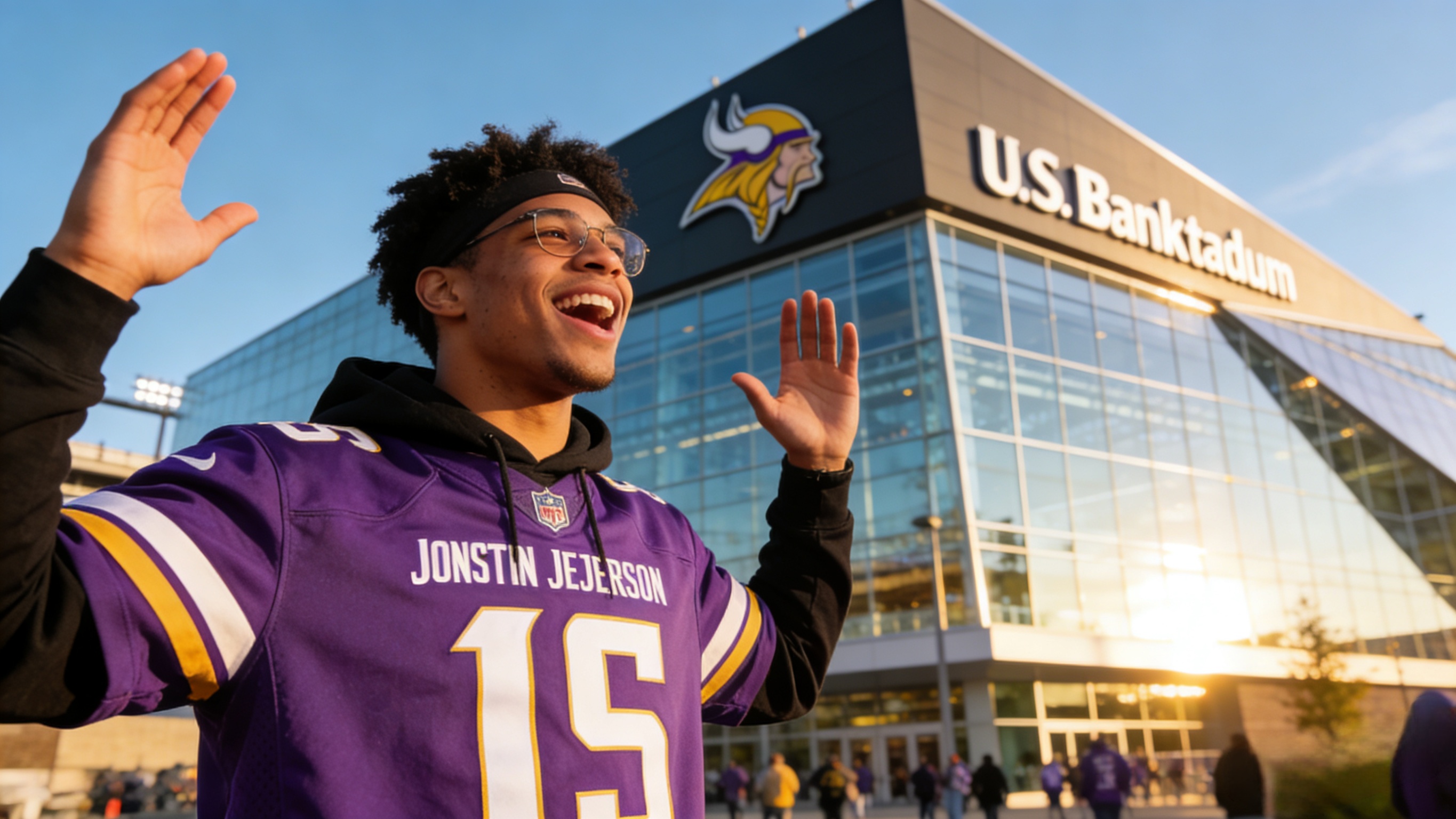 A happy fan wearing a Justin Jefferson jersey in Minneapolis.
