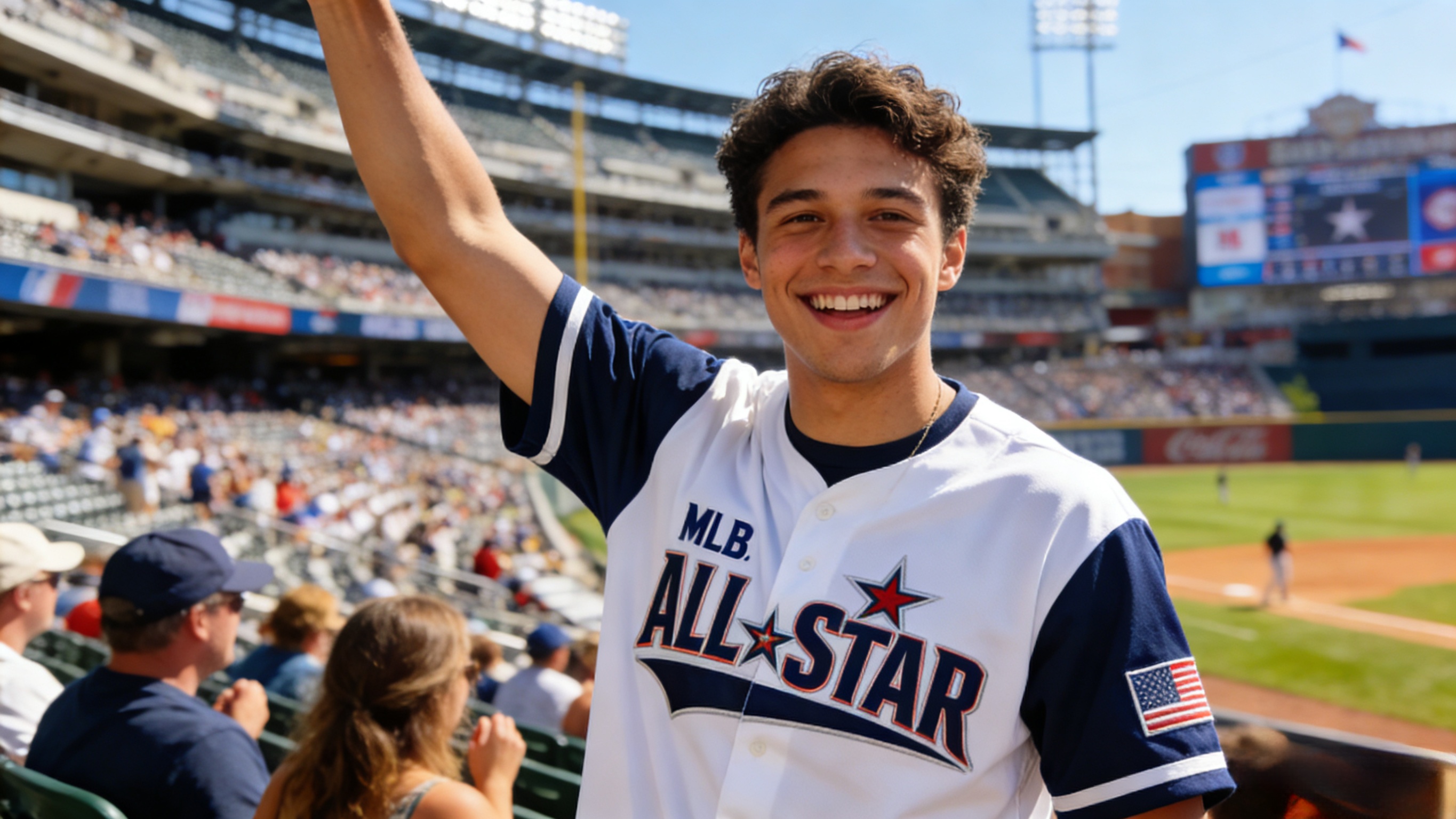 Fan wearing an MLB All-Star jersey at a sunny baseball stadium.