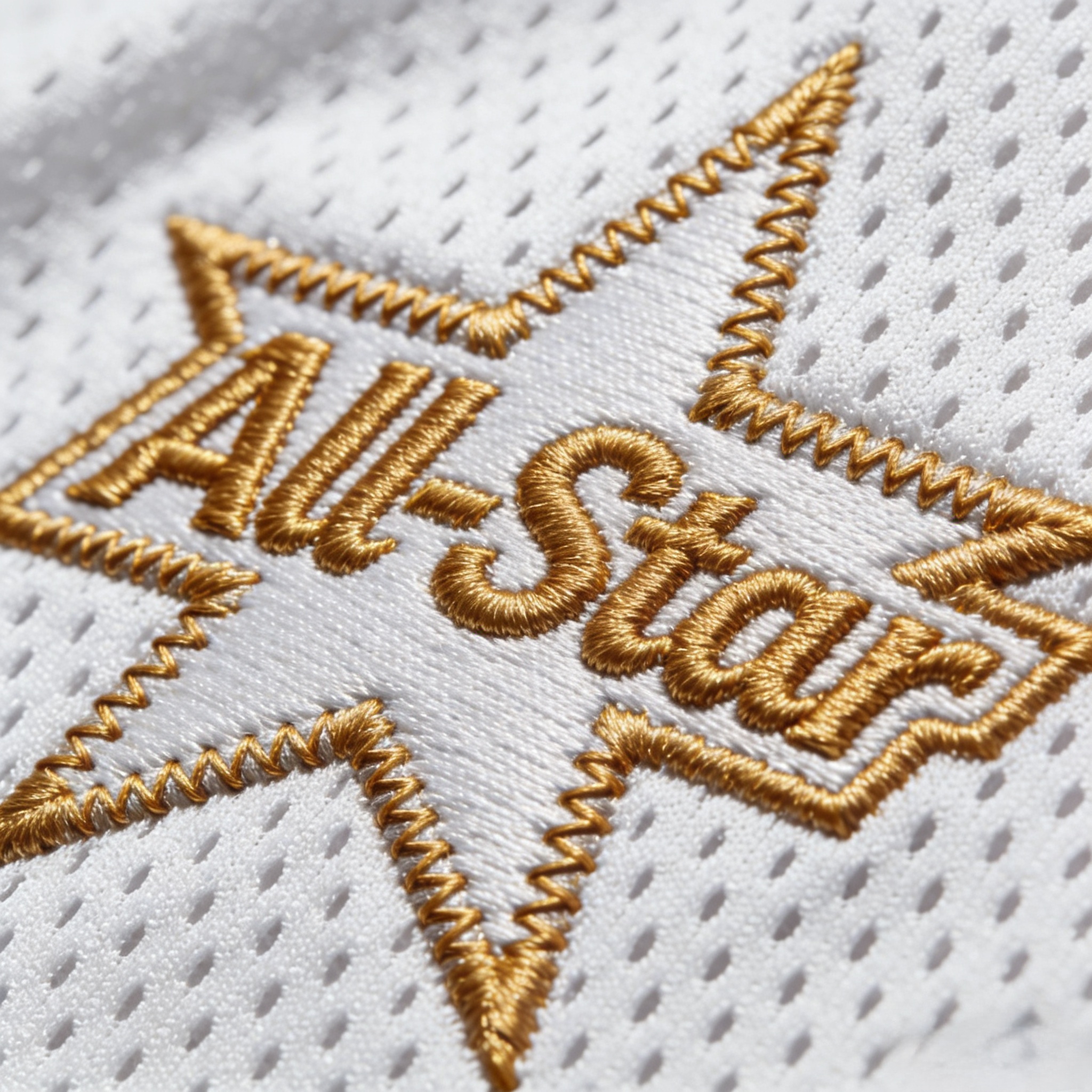 Macro close up of stitched tackle twill on an MLB All-Star jersey