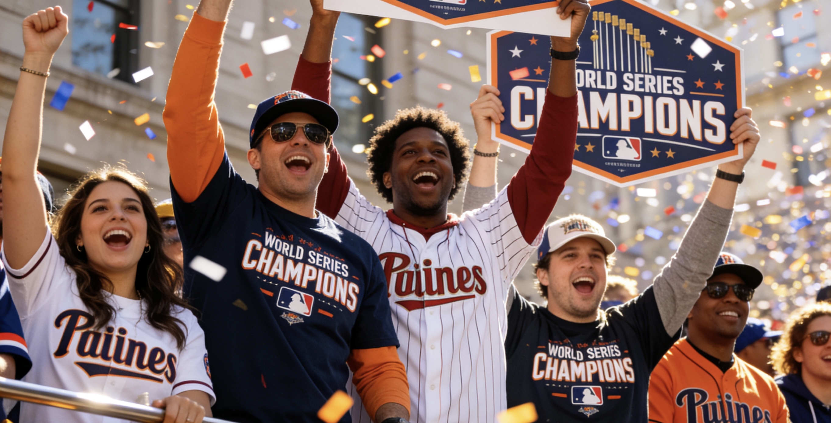 Fans wearing World Series jerseys cheering during a parade.