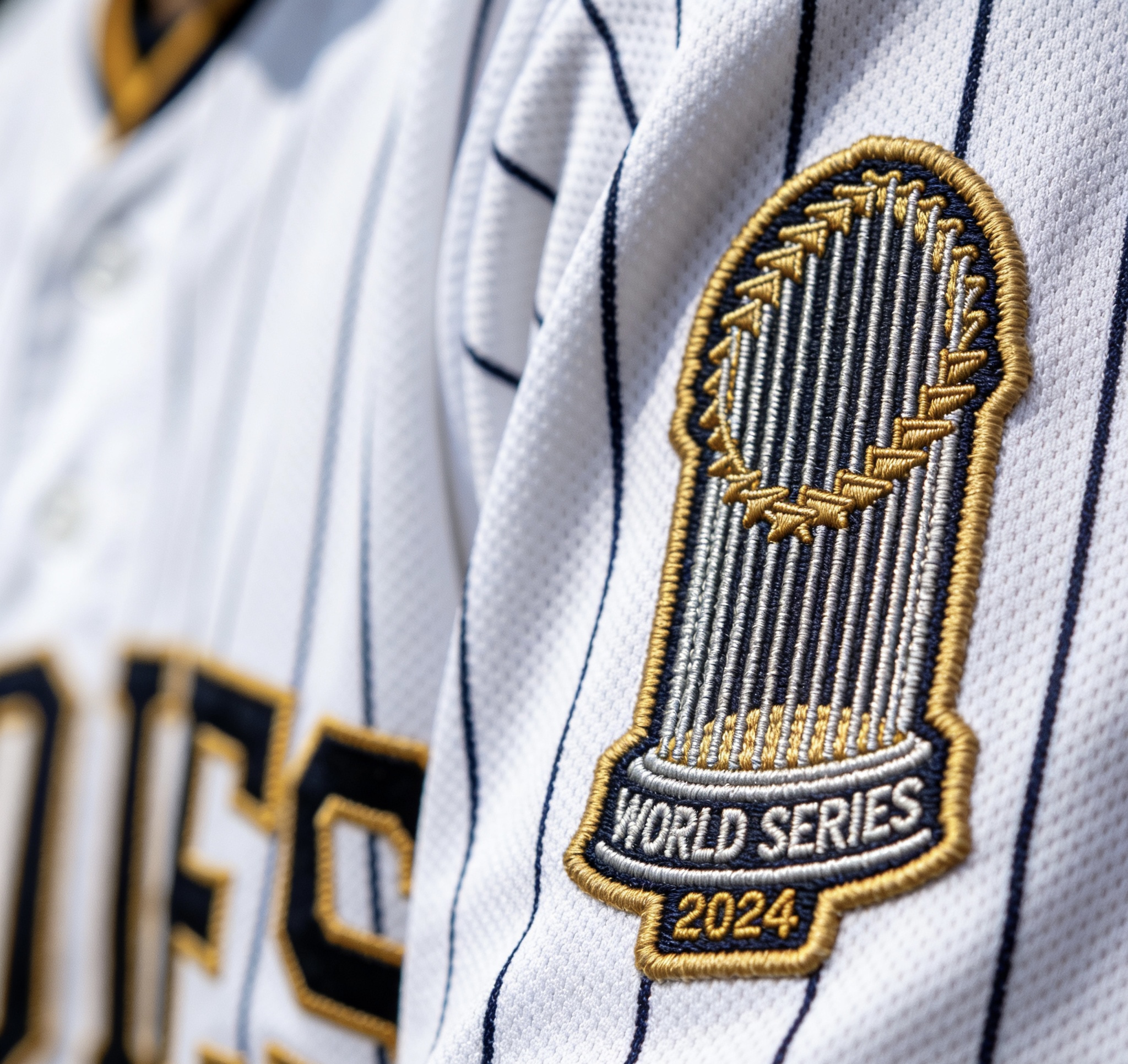 World Series Jersey History: Iconic Winning Looks 2 Close up of an embroidered World Series trophy patch on a baseball jersey sleeve.