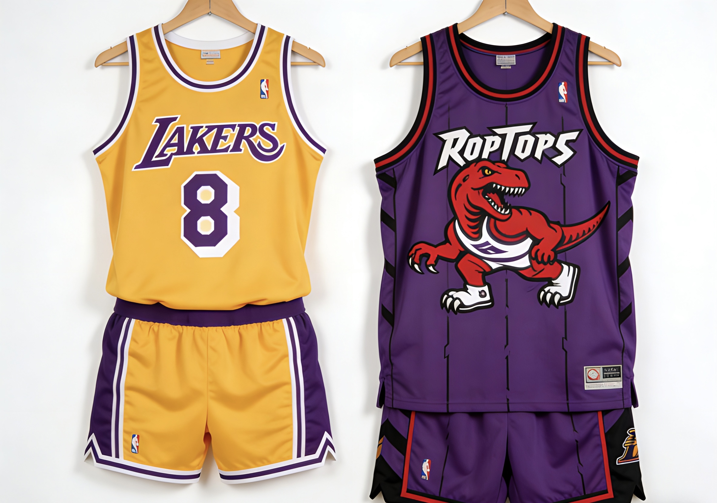 Side by side comparison of a tight 1980s Lakers jersey and a baggy 1990s Raptors jersey.
