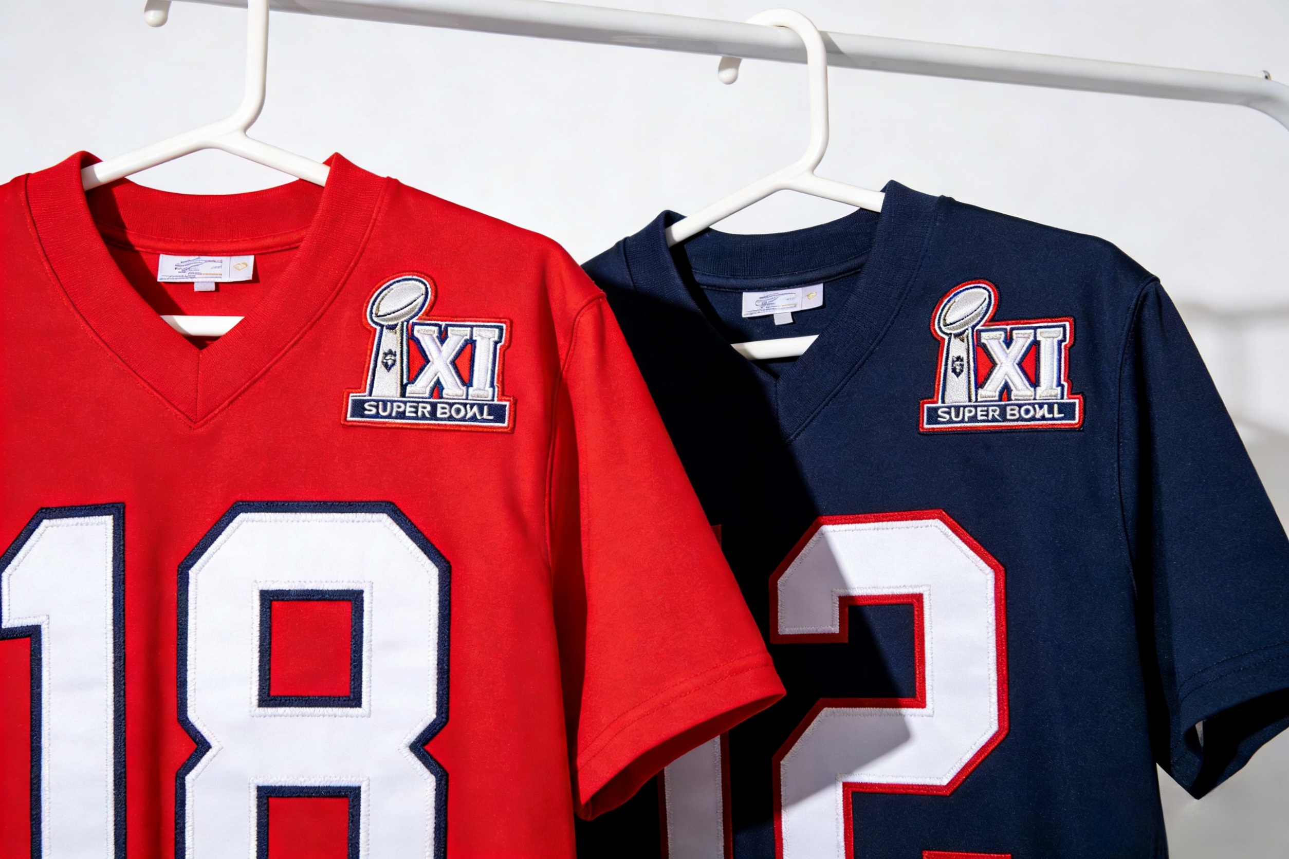 Stitched red and blue football jerseys with Super Bowl LXI patches