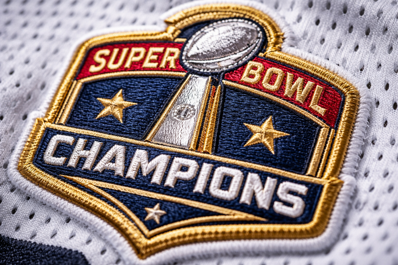 Macro close up of an embroidered Super Bowl patch showing high-density thread.