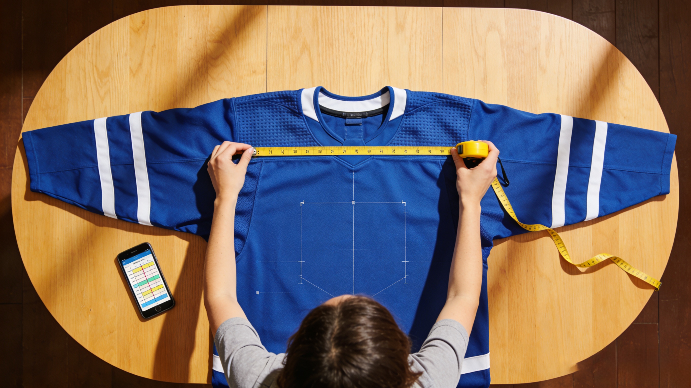  A fan measuring a hockey jersey to find the perfect fit using a size chart.