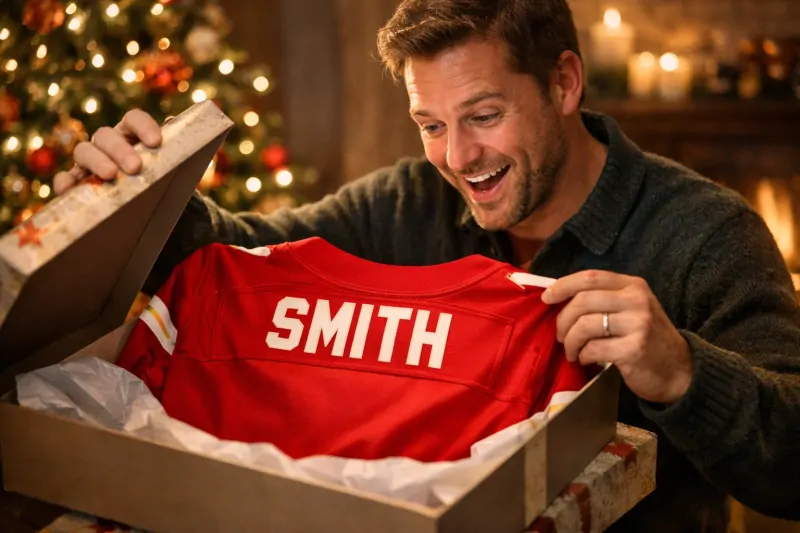 A fan happily opening a gift box with a personalized NFL jersey