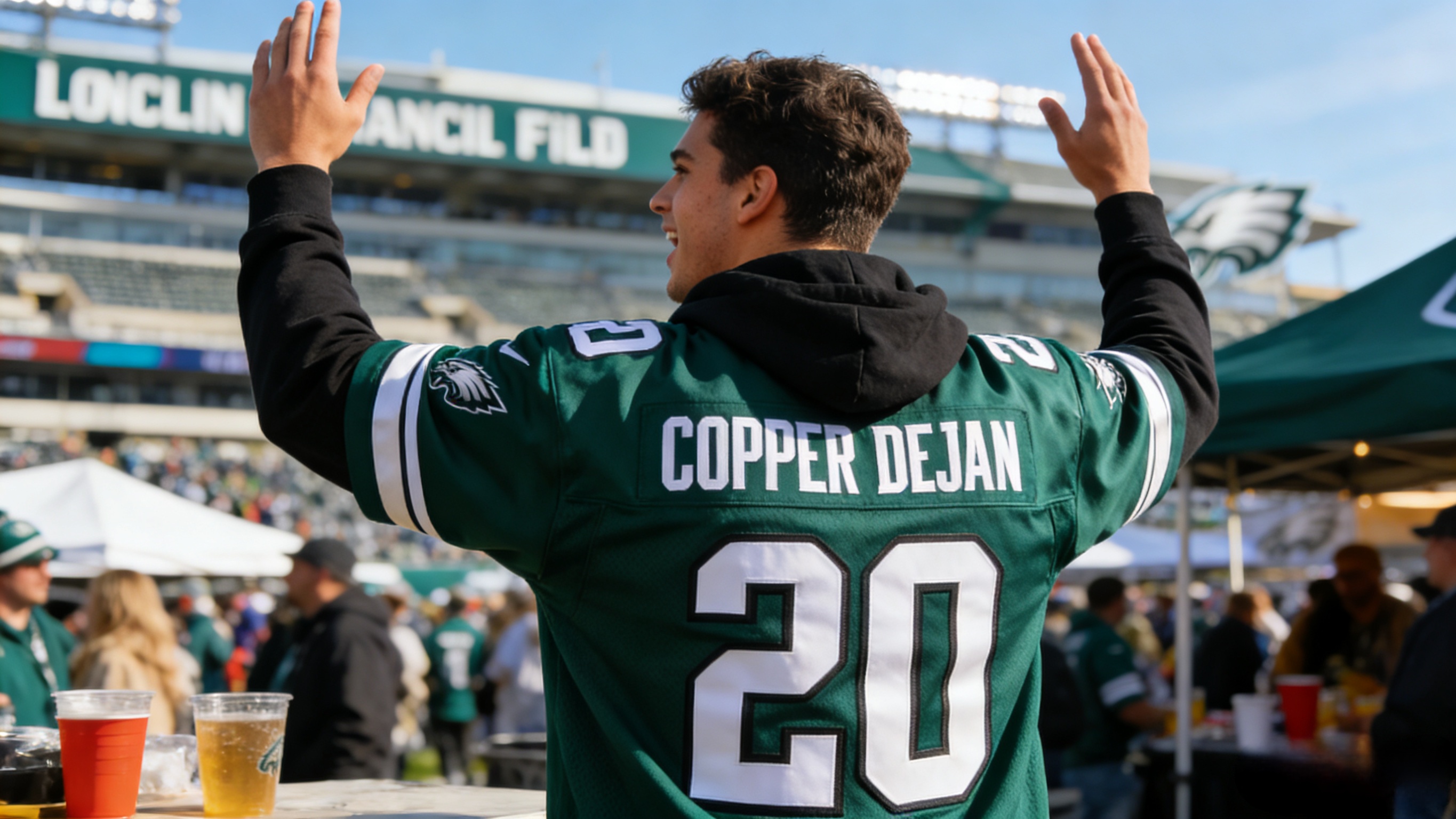 A happy fan wearing a Cooper Dejean Kelly Green jersey at a football game.