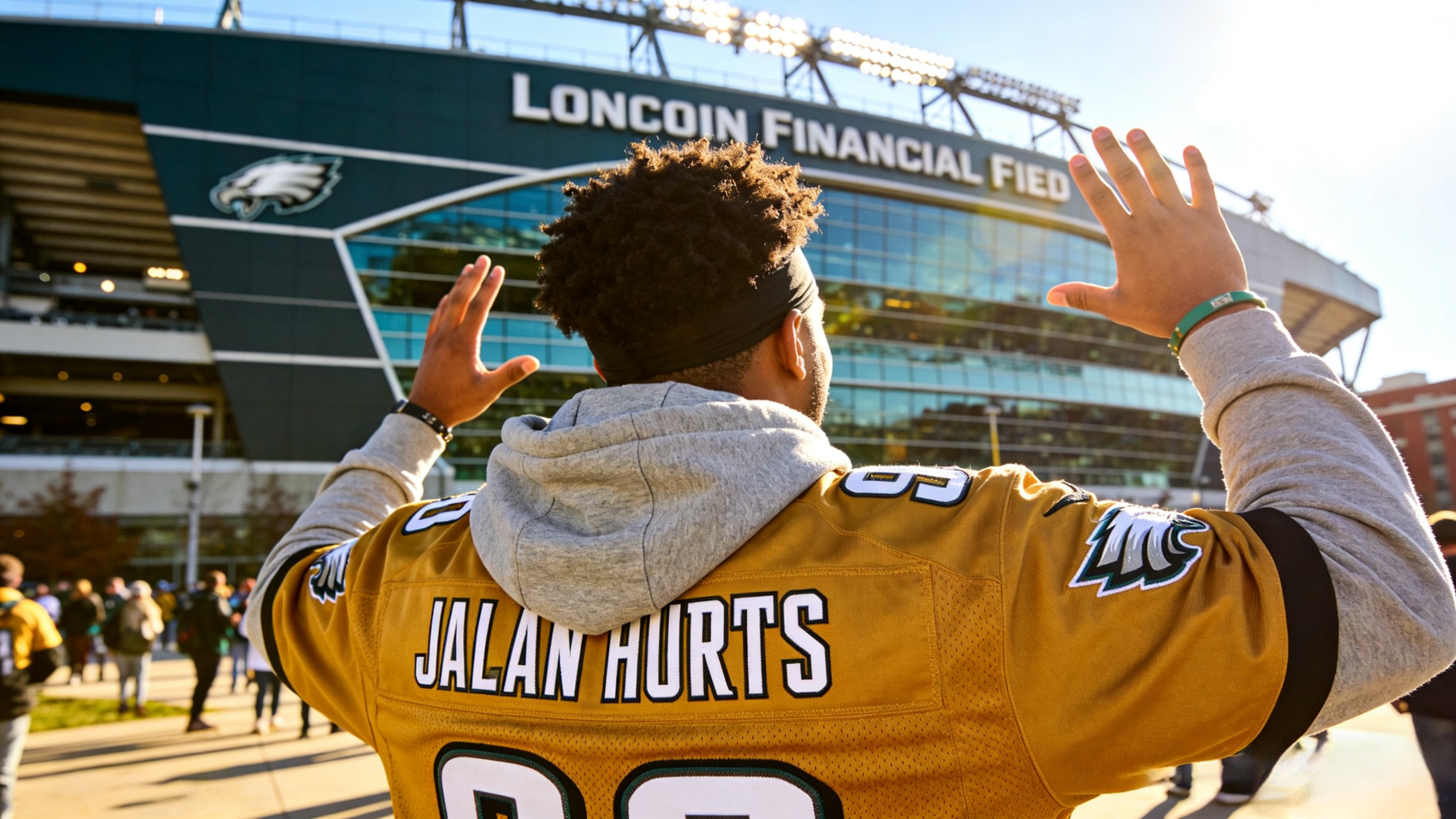 A happy fan wearing a Jalen Hurts jersey in Philadelphia.