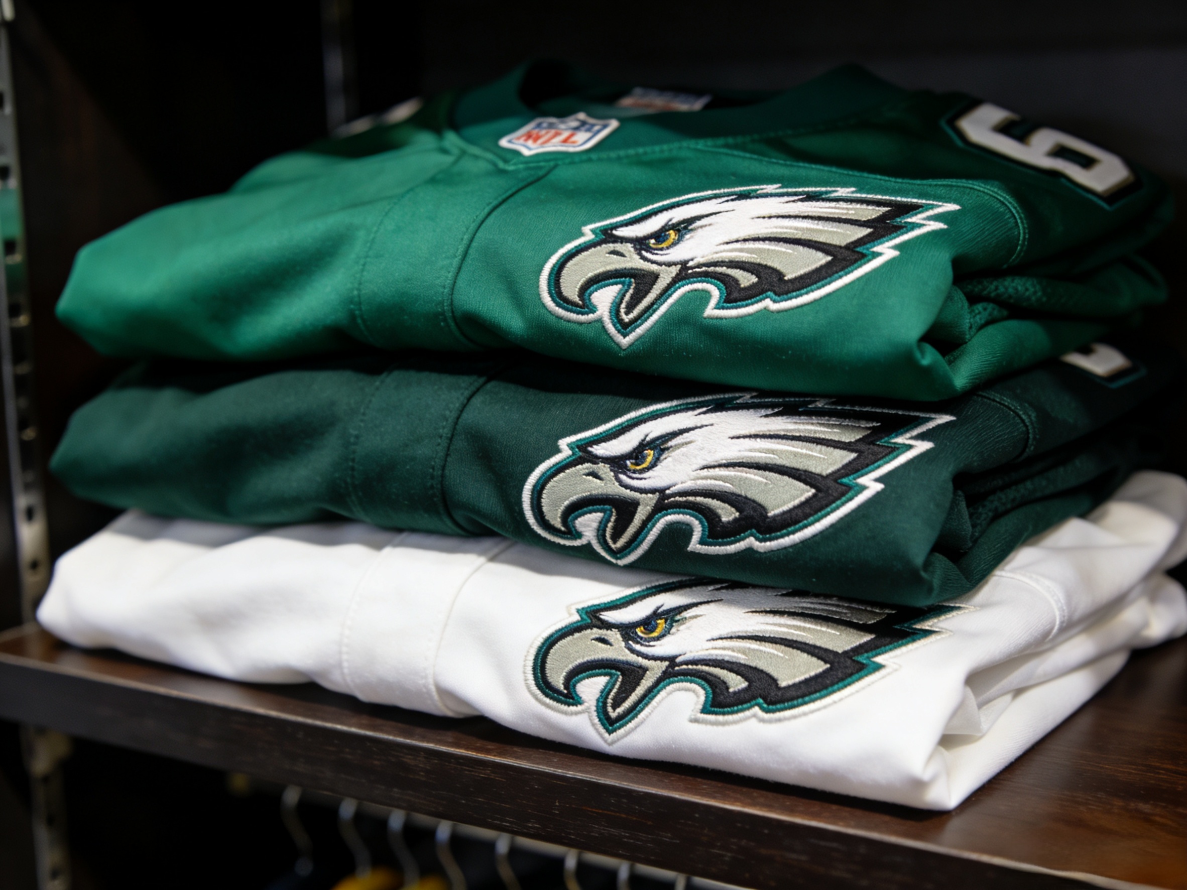 A stack of folded Philadelphia Eagles jerseys in various colors