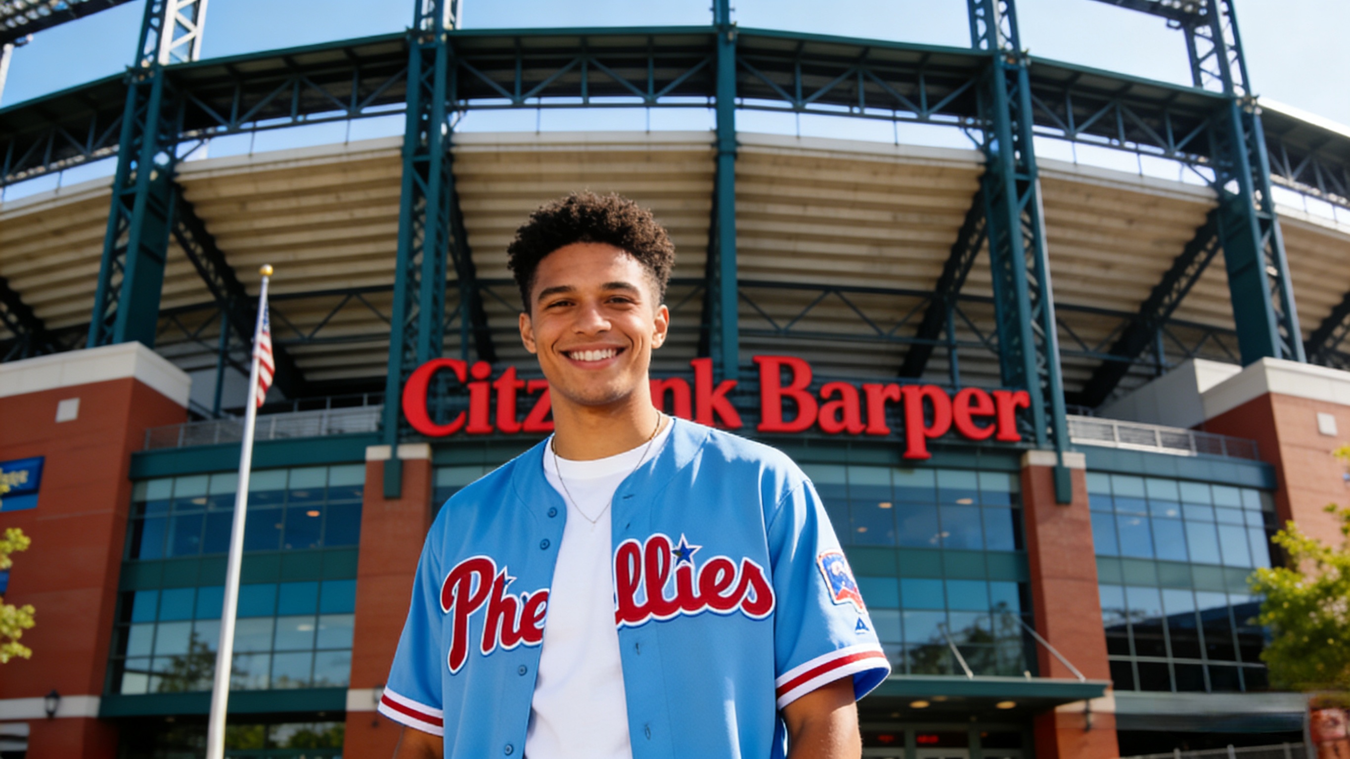 A happy fan wearing a Bryce Harper jersey in Philadelphia.