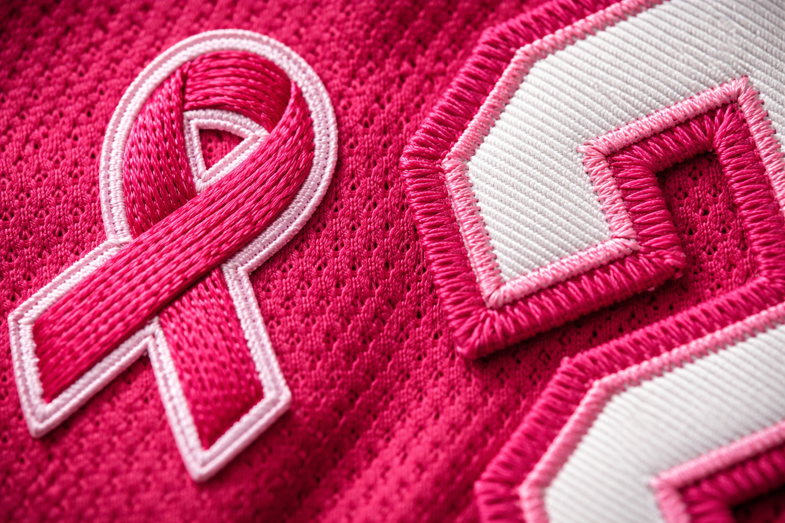 Macro close up of the pink ribbon logo and stitched numbers on an NFL jersey.