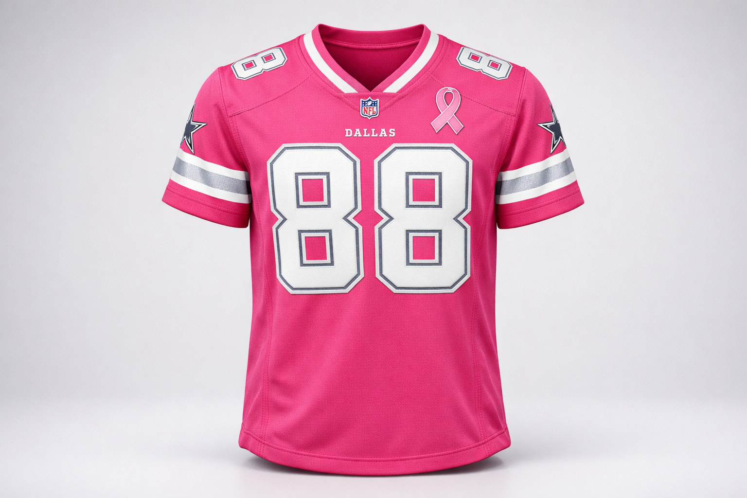 Pink Dallas Cowboys football jersey with white stitched numbers front view