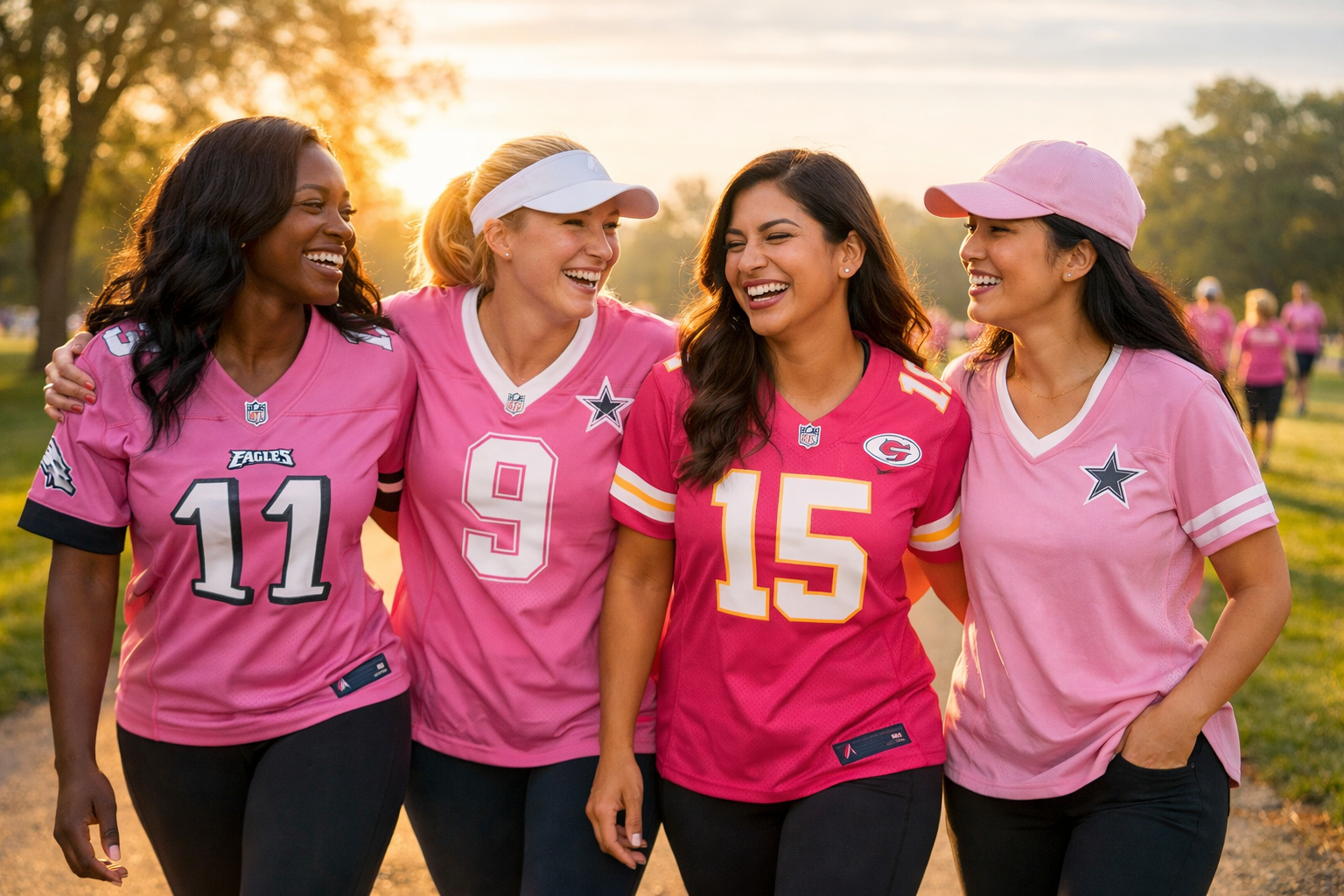 group of fans wearing pink NFL jerseys at an outdoor breast cancer awareness walk.