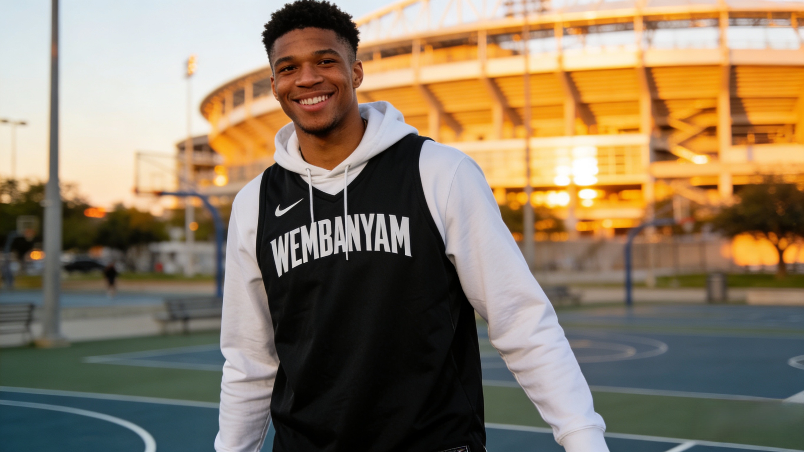 A happy fan wearing a Victor Wembanyama jersey in San Antonio.