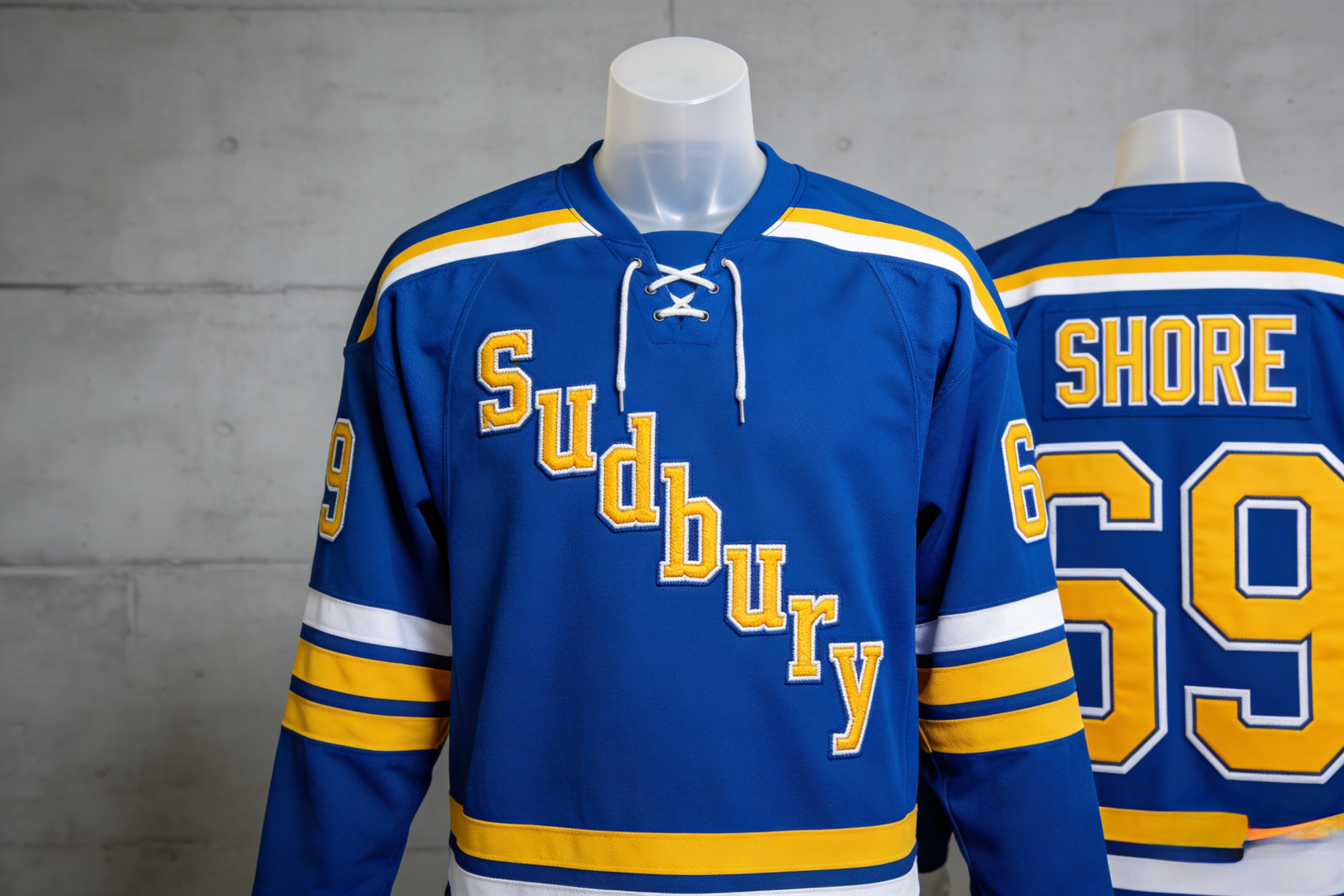 Blue and white Sudbury Blueberry Bulldogs jersey with stitched Shore #69 lettering.