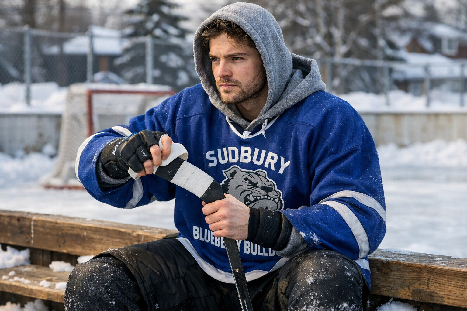 A fan wearing a Shoresy jersey at an outdoor ice rink with mountains in the background