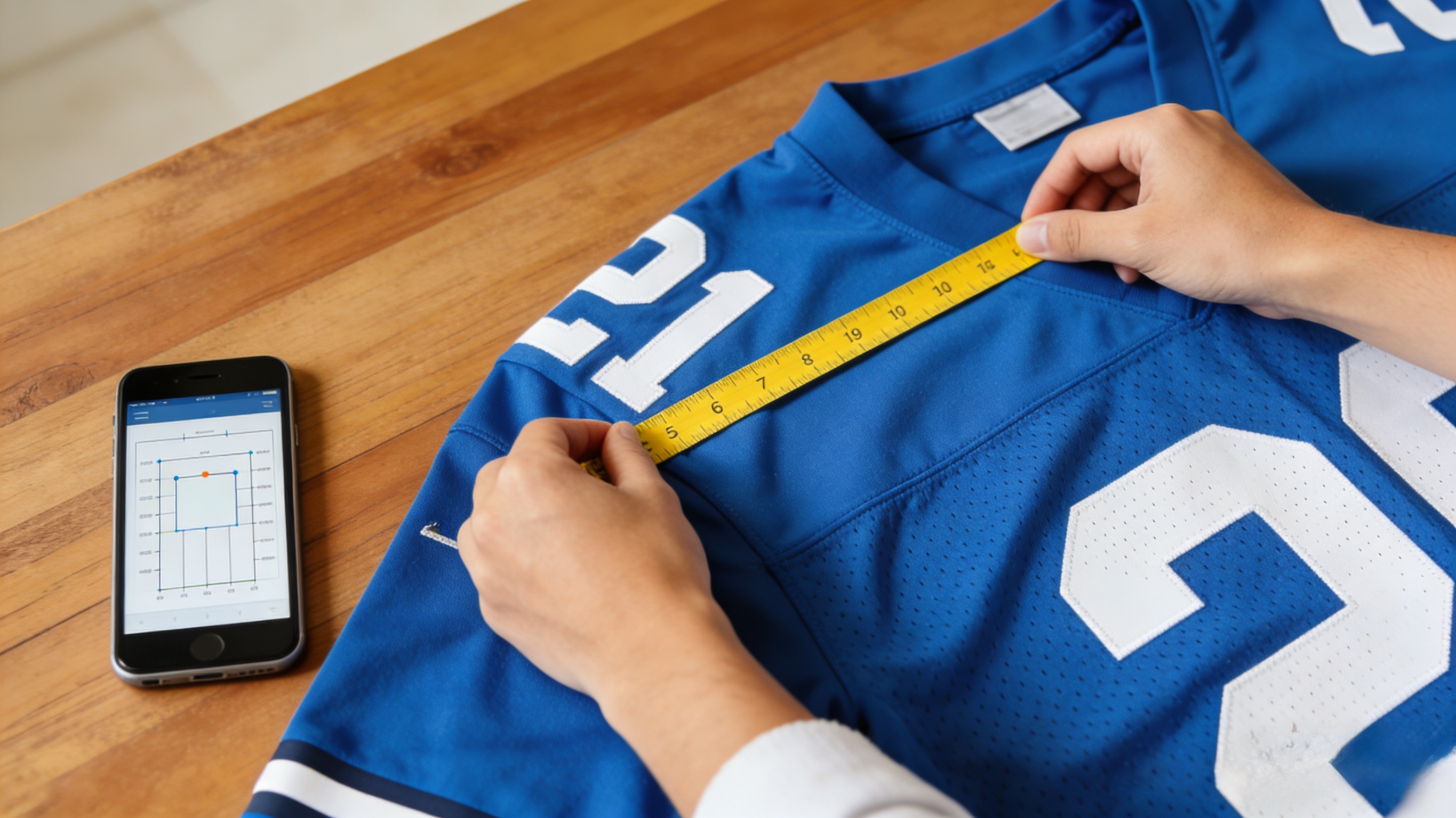A person using a measuring tape on a football jersey to find the correct size.