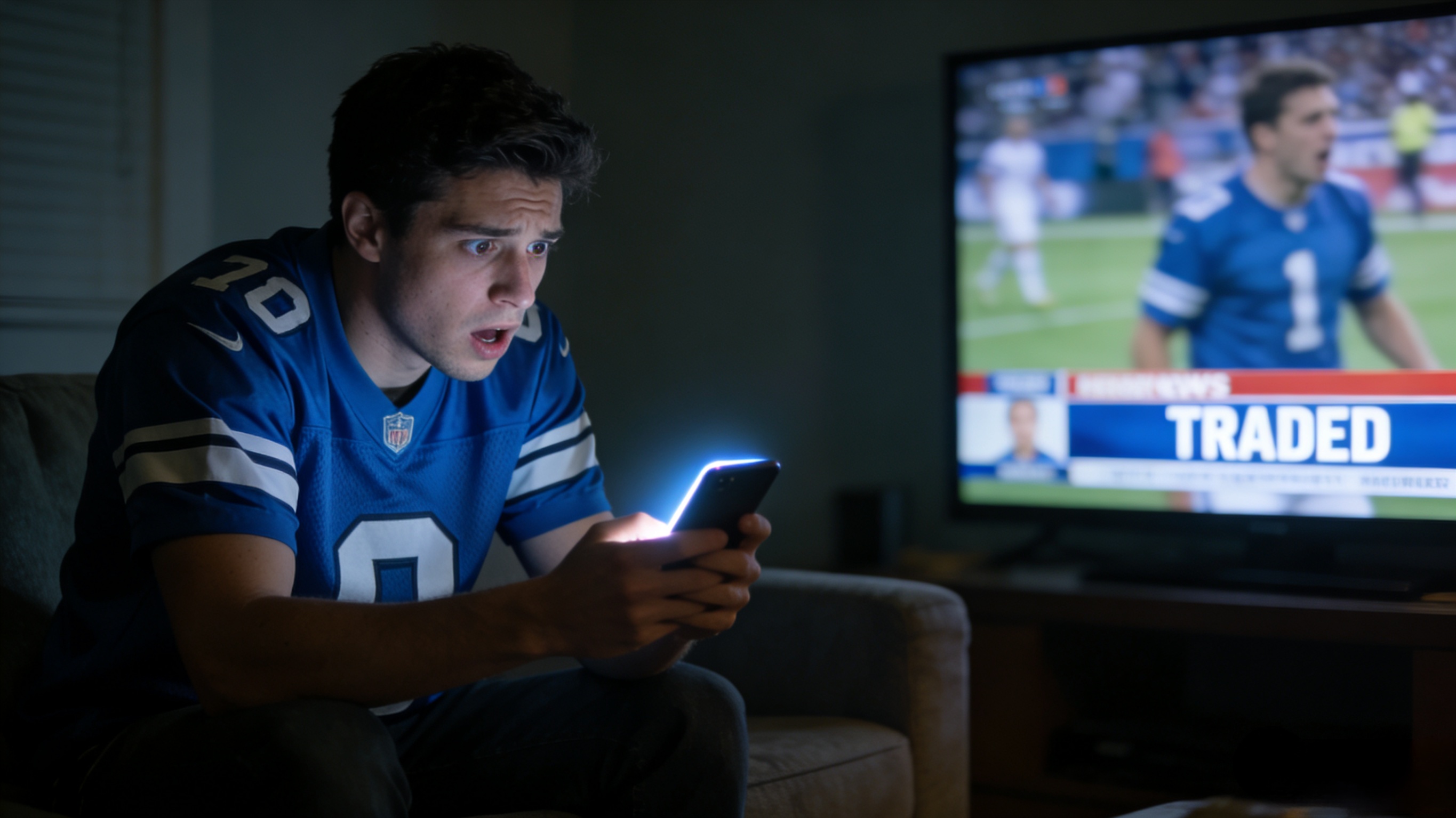 A disappointed sports fan looking at their phone with a trade notification while wearing a team jersey.
