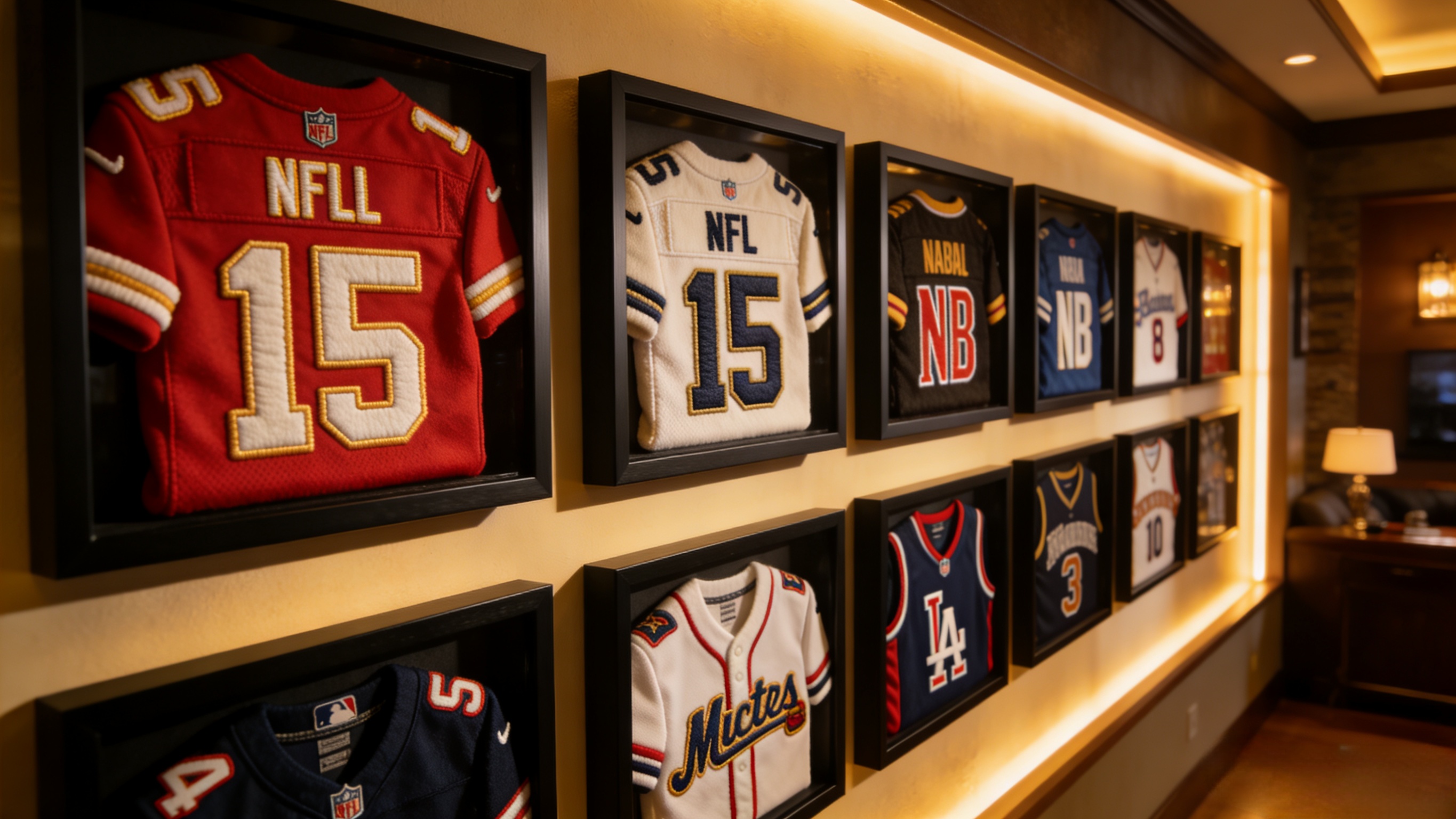 A wall filled with various framed and hanging sports jerseys in a modern fan cave.