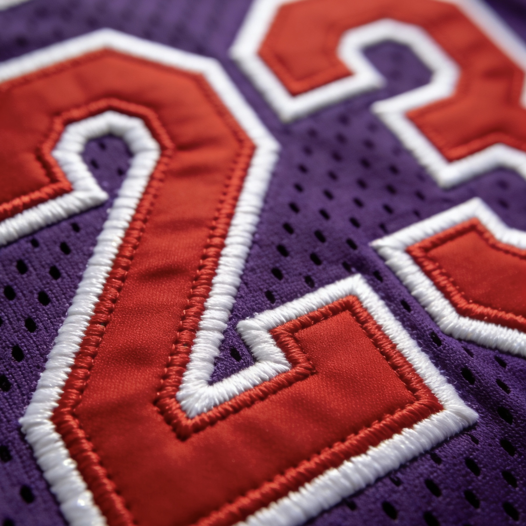 Macro close up of stitched tackle twill numbers on a purple Raptors jersey