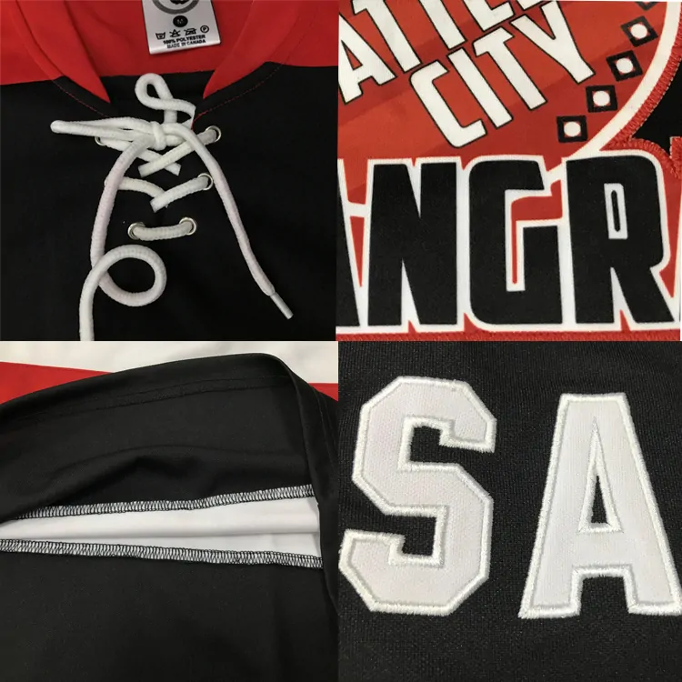 Macro detail of tackle twill embroidery on a custom hockey jersey