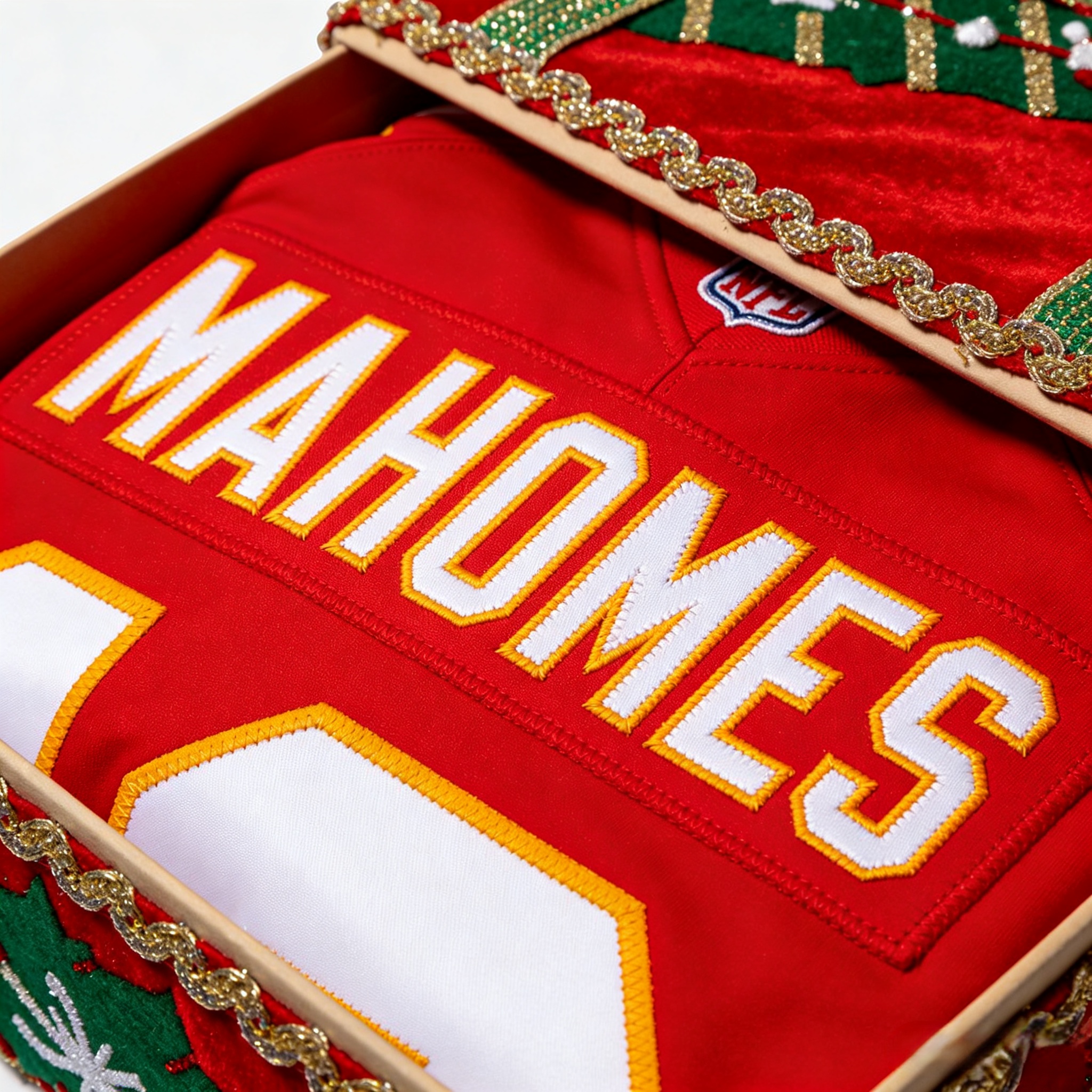 A close up of a high-quality stitched nameplate and number on a gift-wrapped jersey.