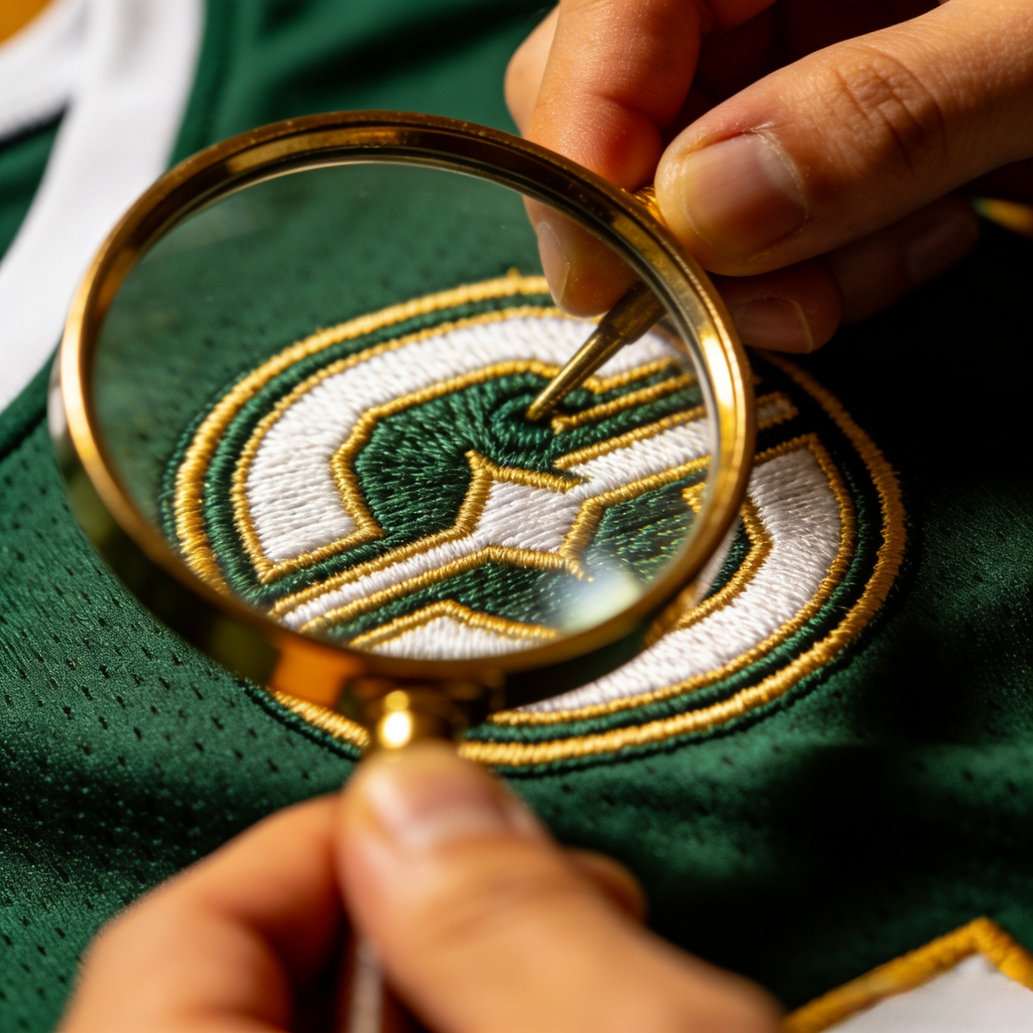  A close up of a hand inspecting the high-quality stitching on a basketball jersey.