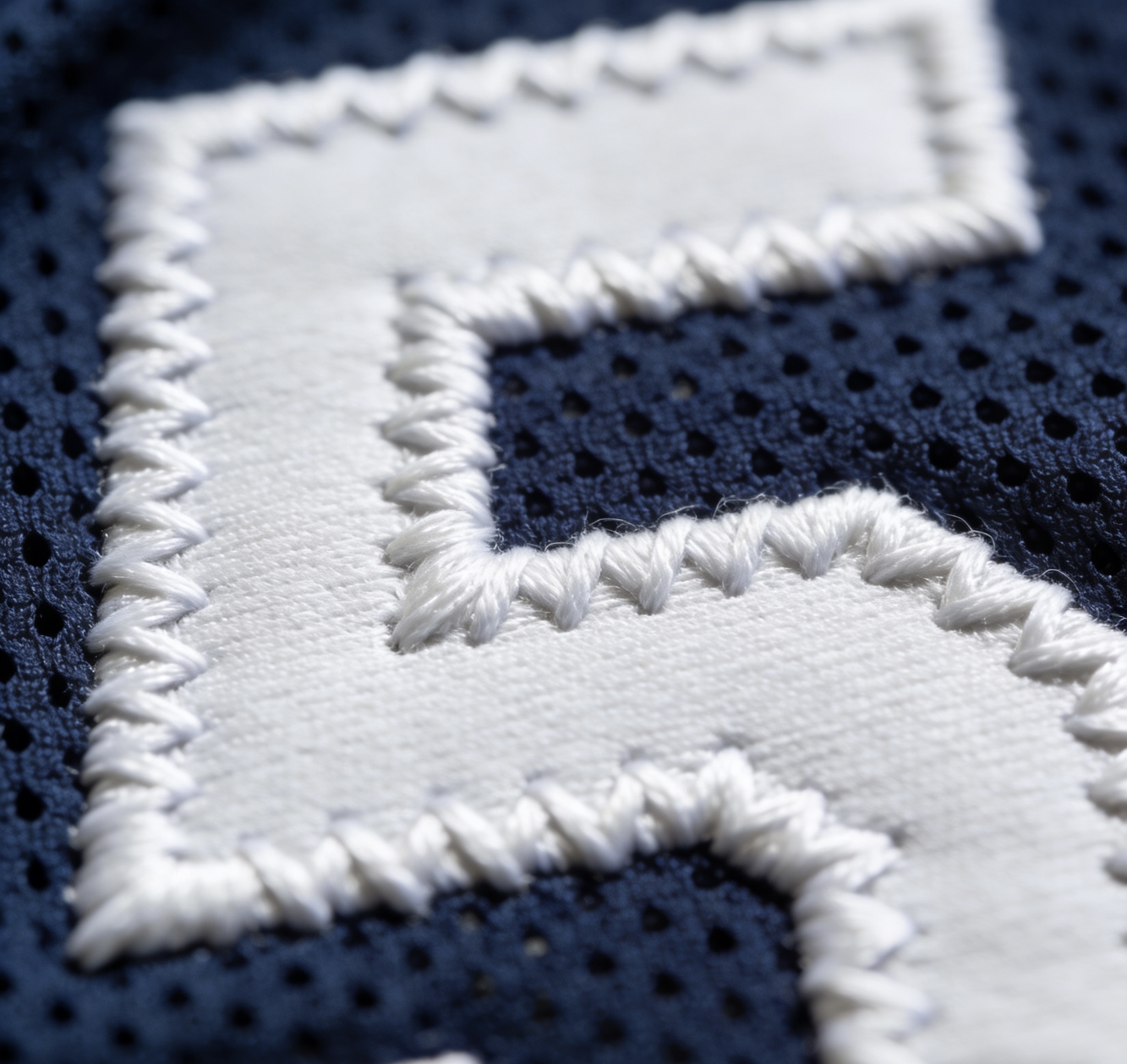 Macro close up of stitched tackle twill numbers on a football jersey to show durability.