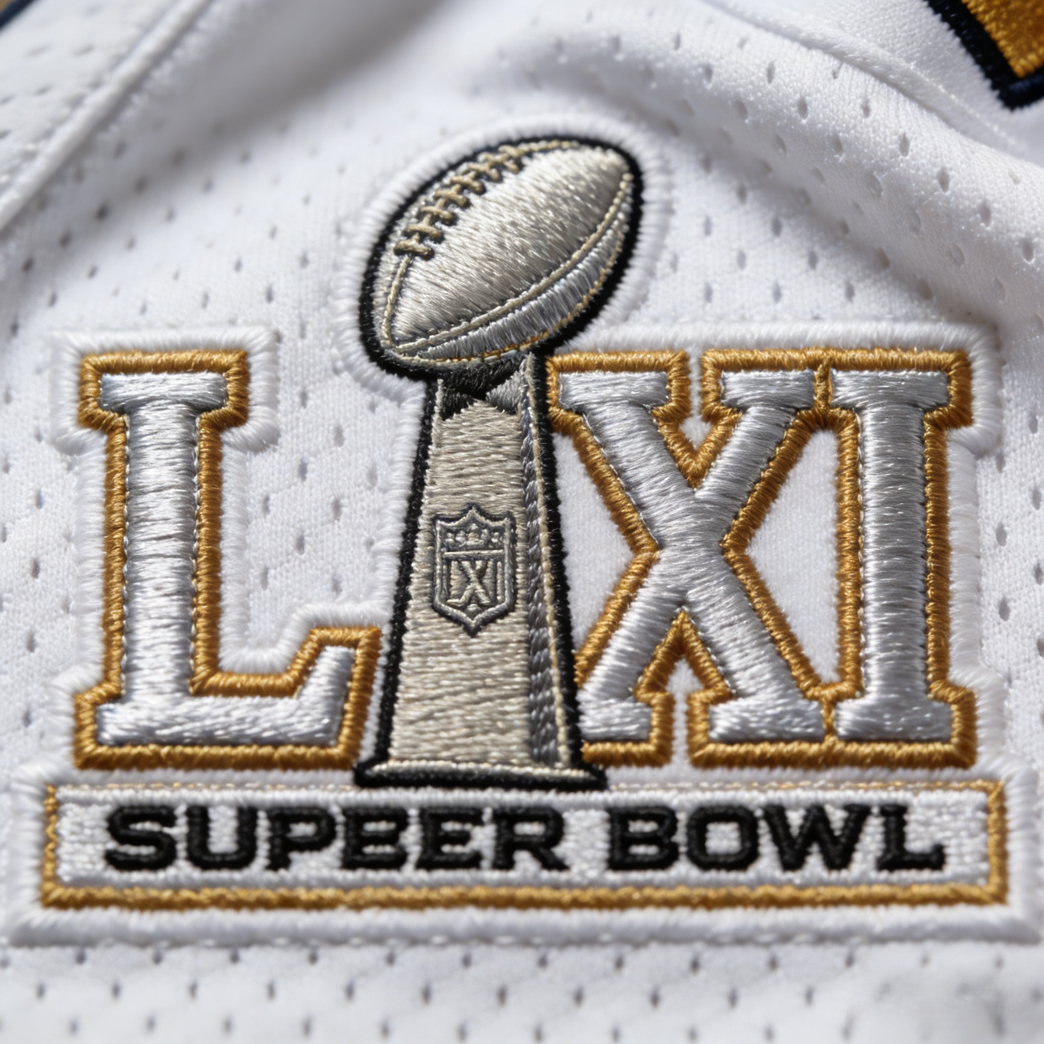 Detailed embroidery of an LXI patch on a Super Bowl jersey
