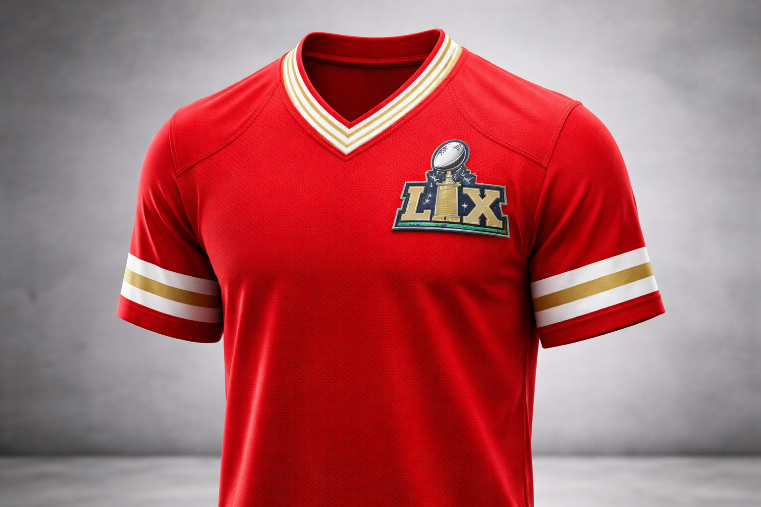 Red football jersey with official Super Bowl LIX patch on the left chest.