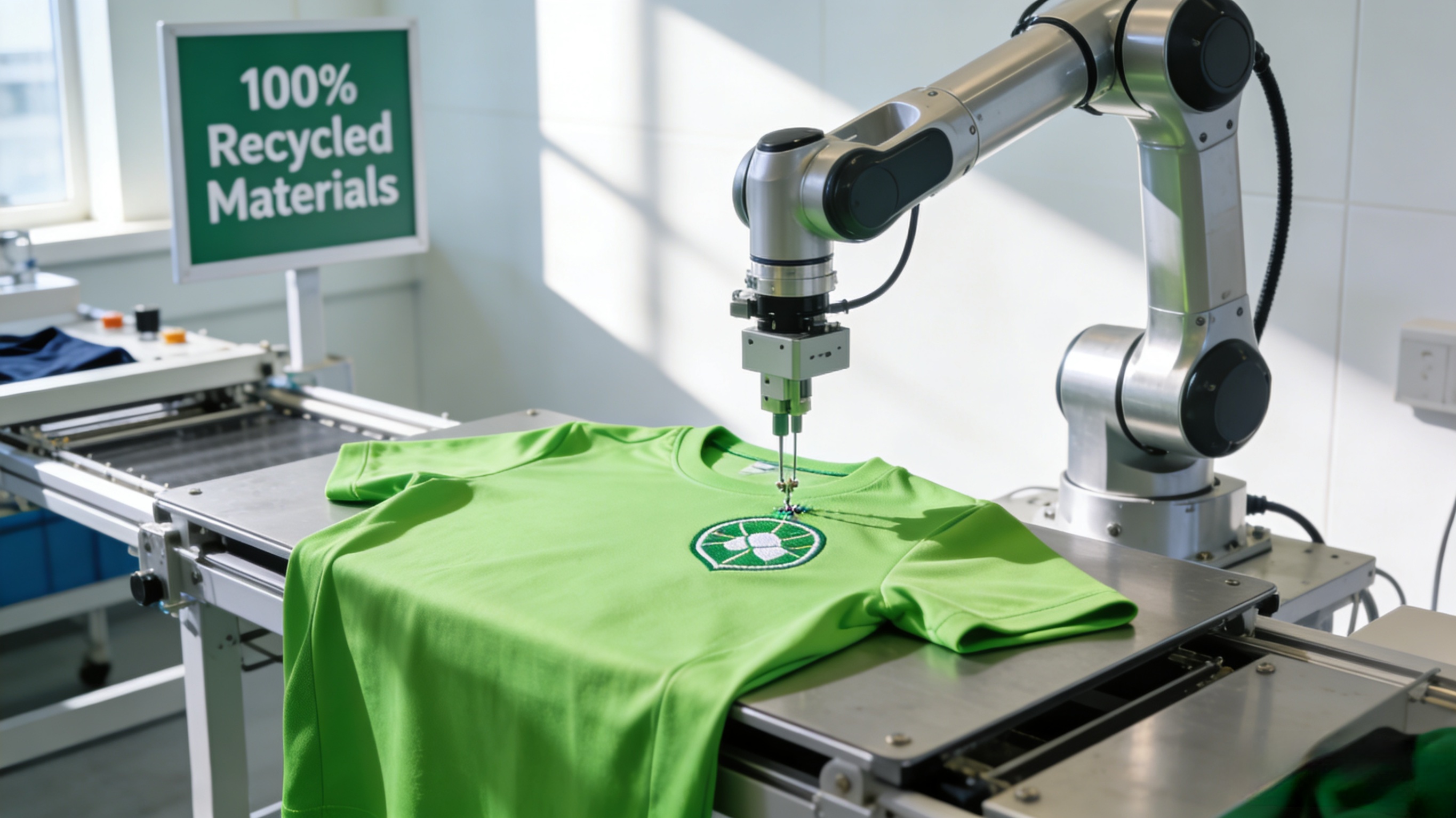 High-quality sports jerseys made from recycled materials in a modern factory.
