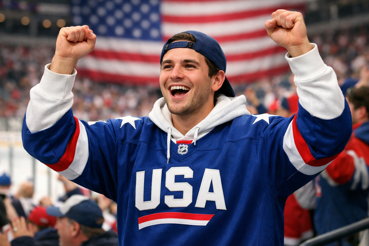 A fan wearing a Team USA hockey jersey cheering at a winter sports arena.