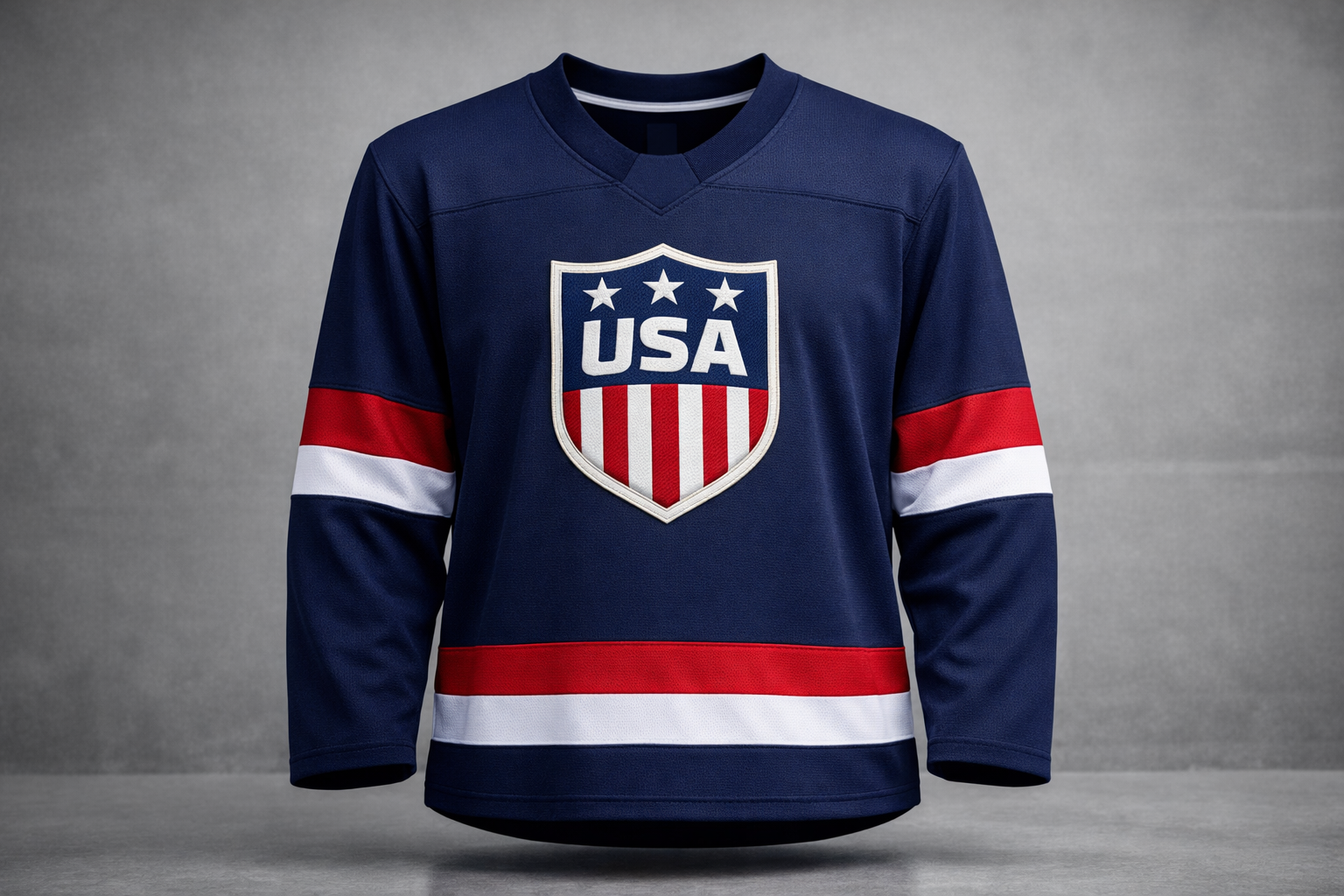 Team USA Hockey Jersey Guide: Stitched Gear for the Olympics 2 Navy blue Team USA hockey jersey with stitched shield logo front view.