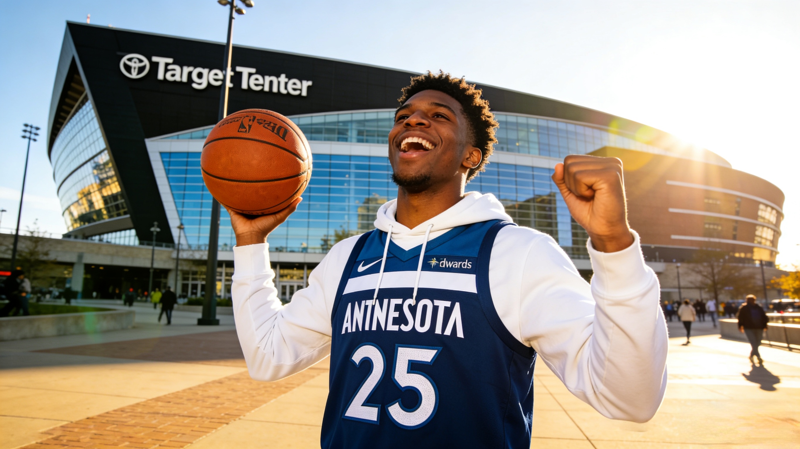 A fan wearing an Anthony Edwards jersey cheering outside a basketball arena