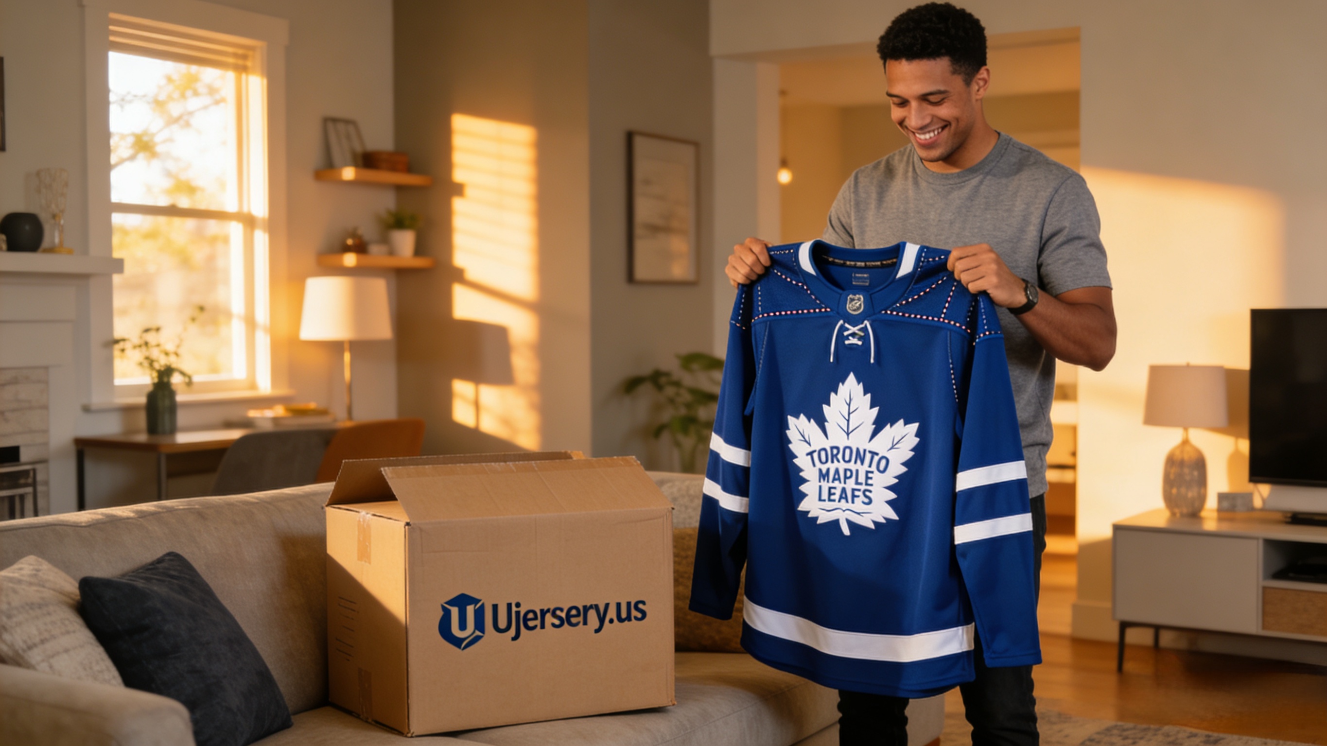 A happy customer holding their new Auston Matthews stitched jersey from Ujersery.us.