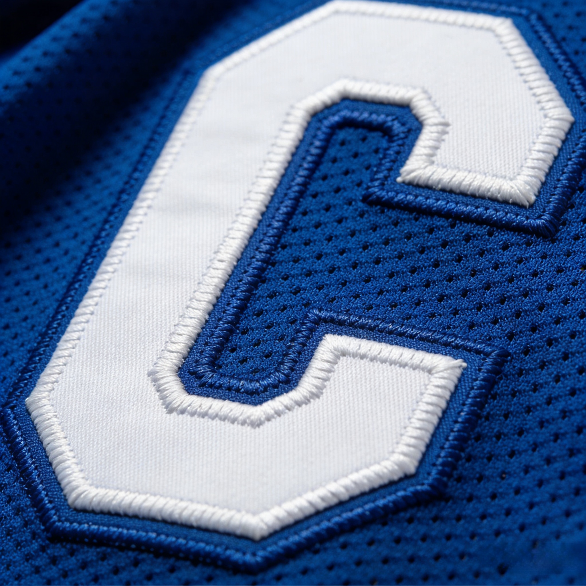 Macro close up of the stitched captain's 'C' on a Toronto Maple Leafs jersey