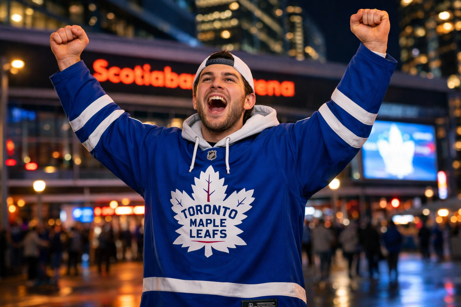 A fan wearing a Toronto Maple Leafs jersey cheering at a hockey game.