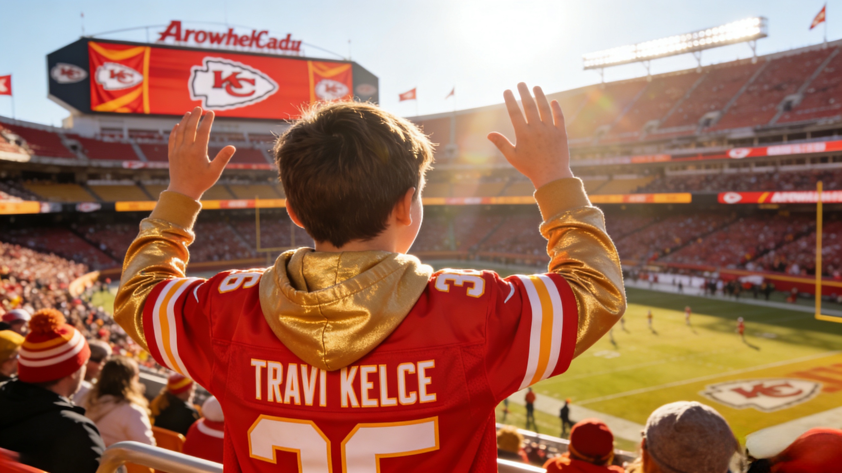 A happy fan wearing a Travis Kelce jersey at a stadium