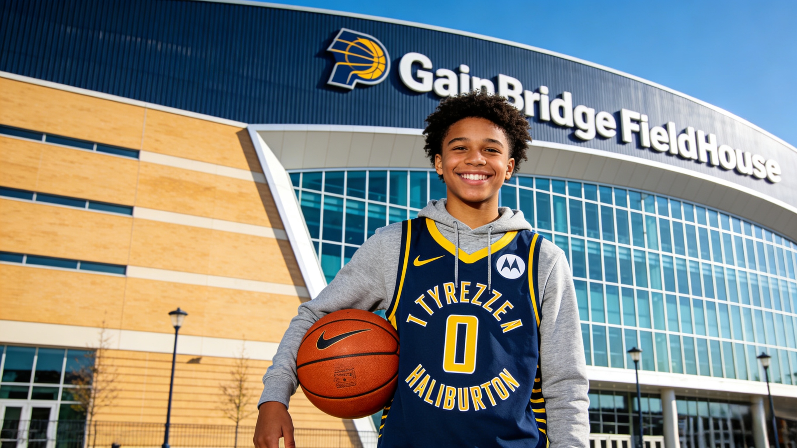 A happy fan wearing a Tyrese Haliburton jersey in Indianapolis.