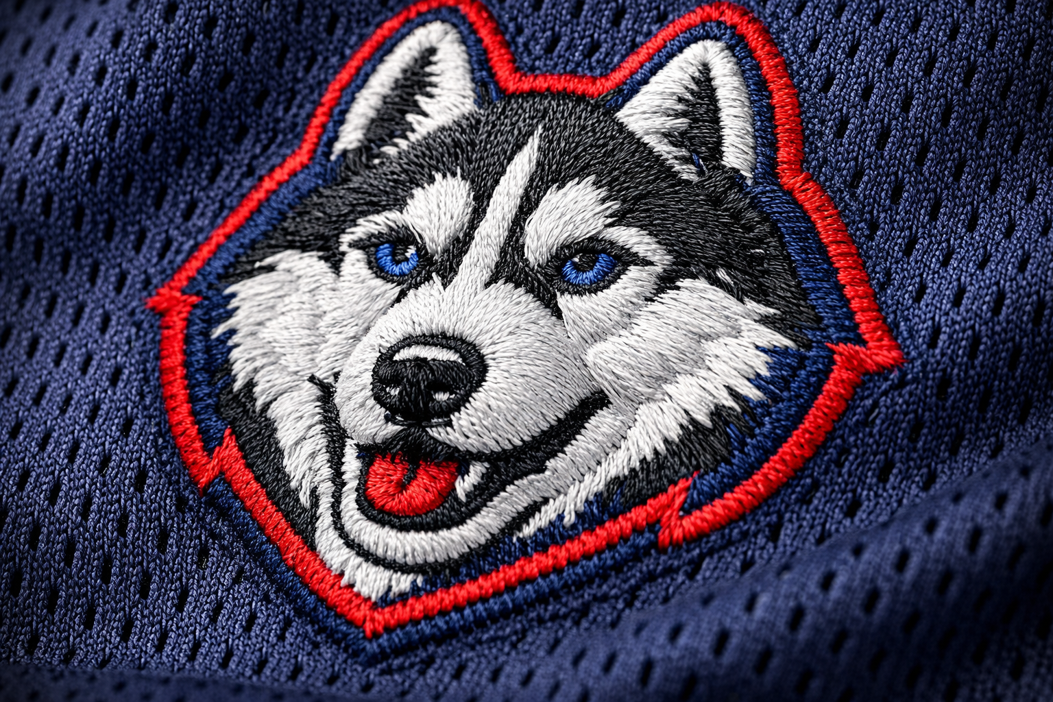 Macro close up of the embroidered Husky mascot logo on a UConn jersey