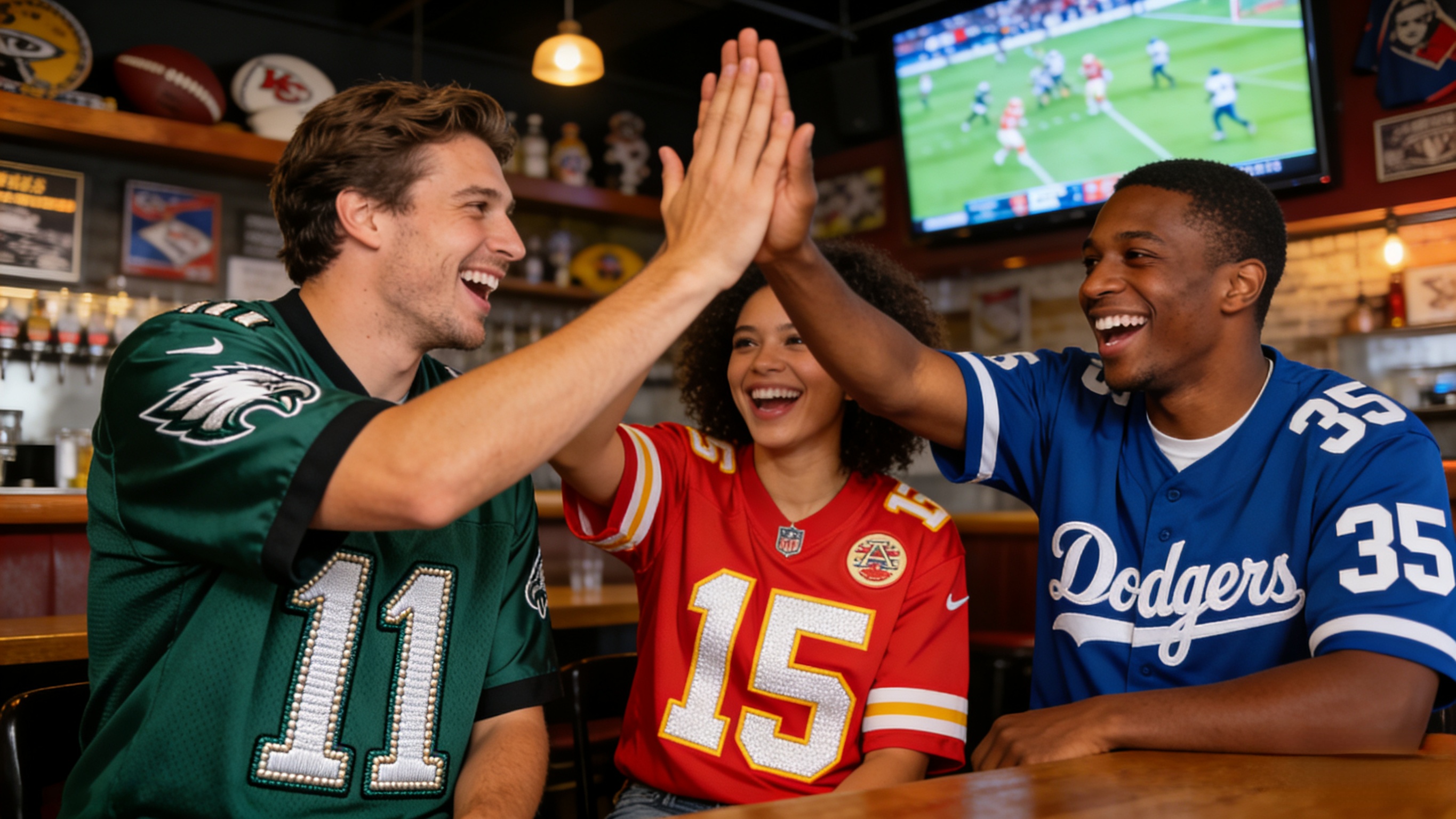 A group of happy fans wearing different stitched jerseys at a sports bar.