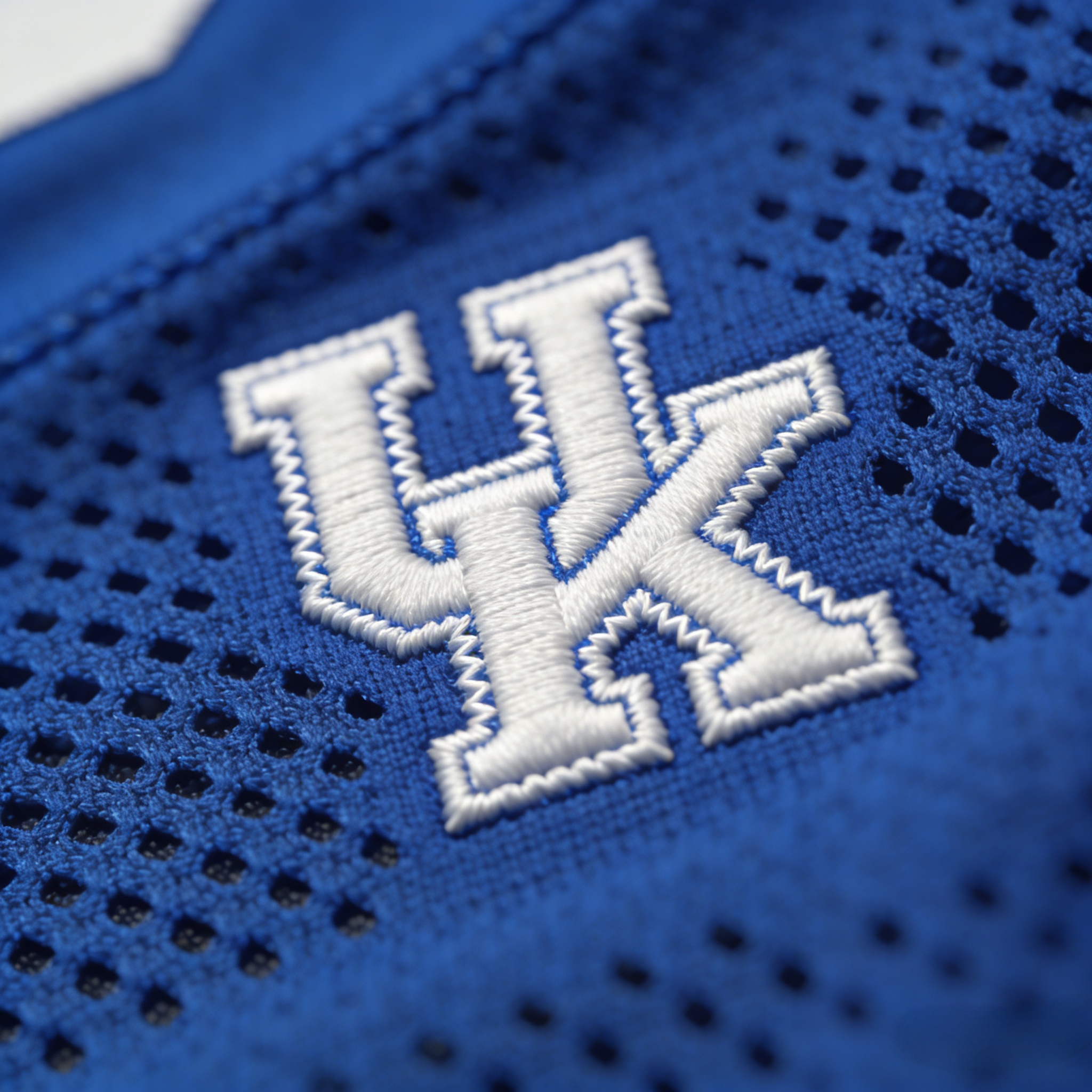 Macro close up of the white stitched 'UK' logo on a blue basketball jersey.