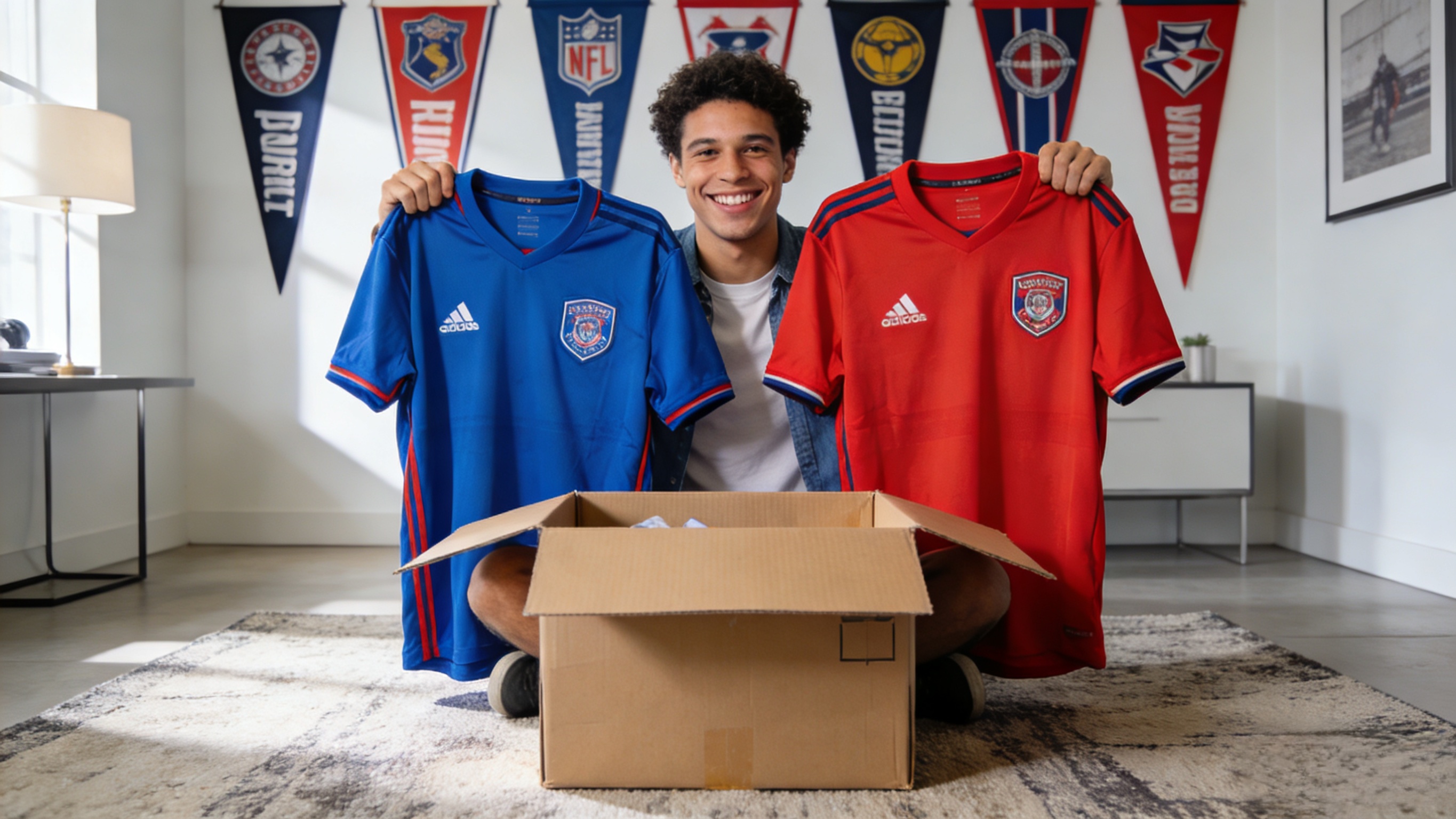 A fan happily unboxing their first two stitched jerseys from a Ujersery package