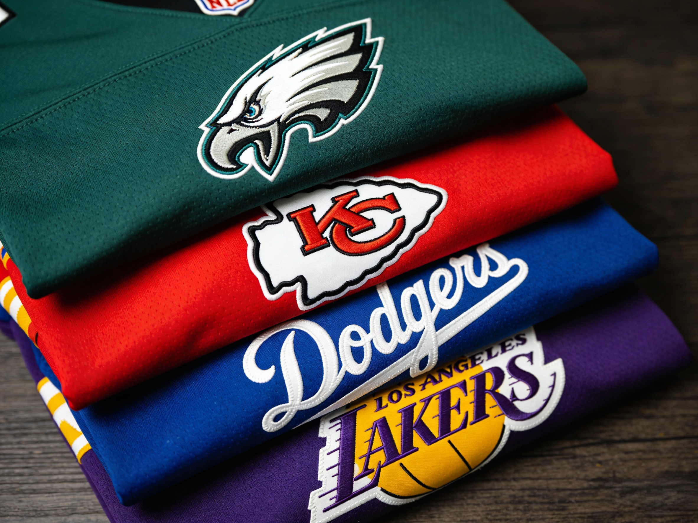 A stack of colorful stitched jerseys from different teams and sports.