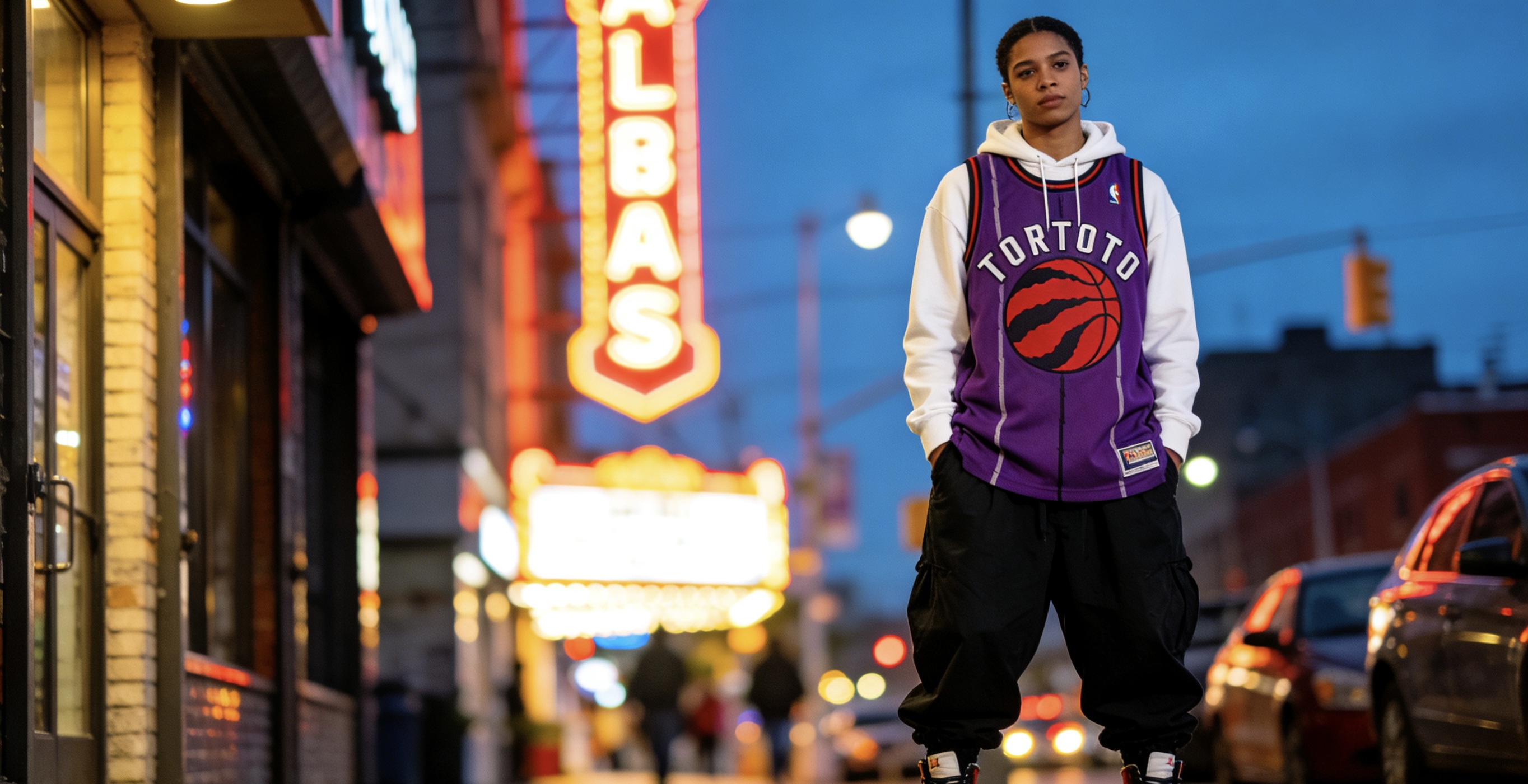 A stylish fan wearing a retro NBA jersey over a hoodie as a streetwear icon.
