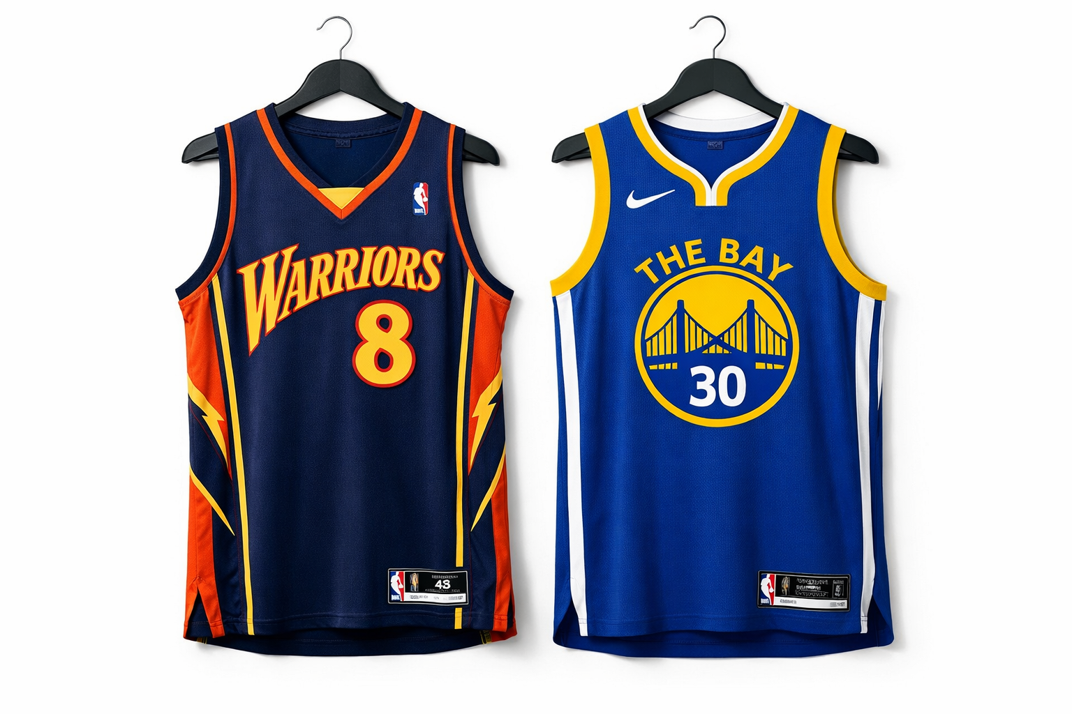 Warriors Jersey Guide: We Believe vs. Steph Curry Era 2 Side by side comparison of a navy "We Believe" Warriors jersey and a modern blue Steph Curry jersey.