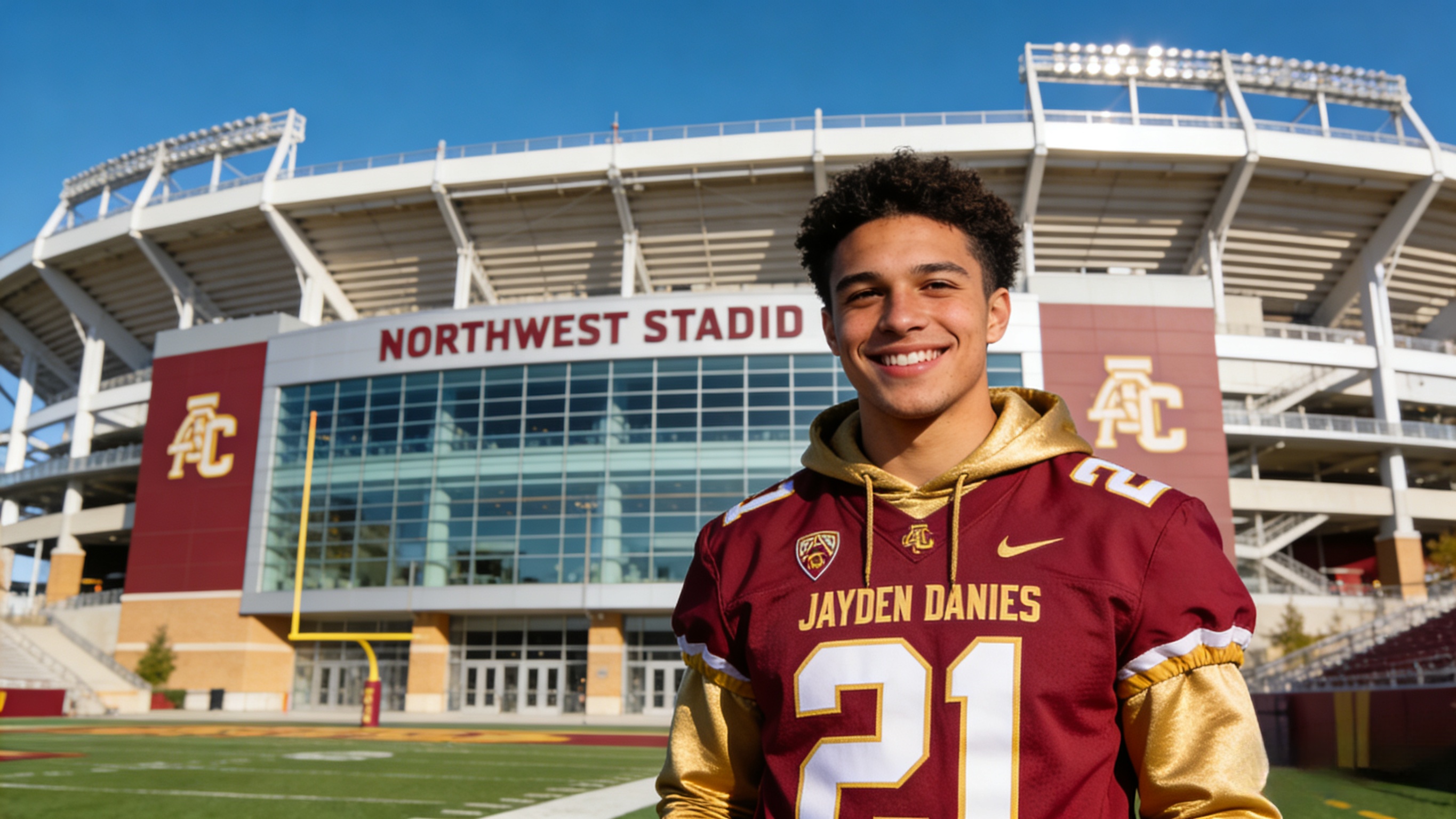 A happy fan wearing a Jayden Daniels jersey in Washington D.C.