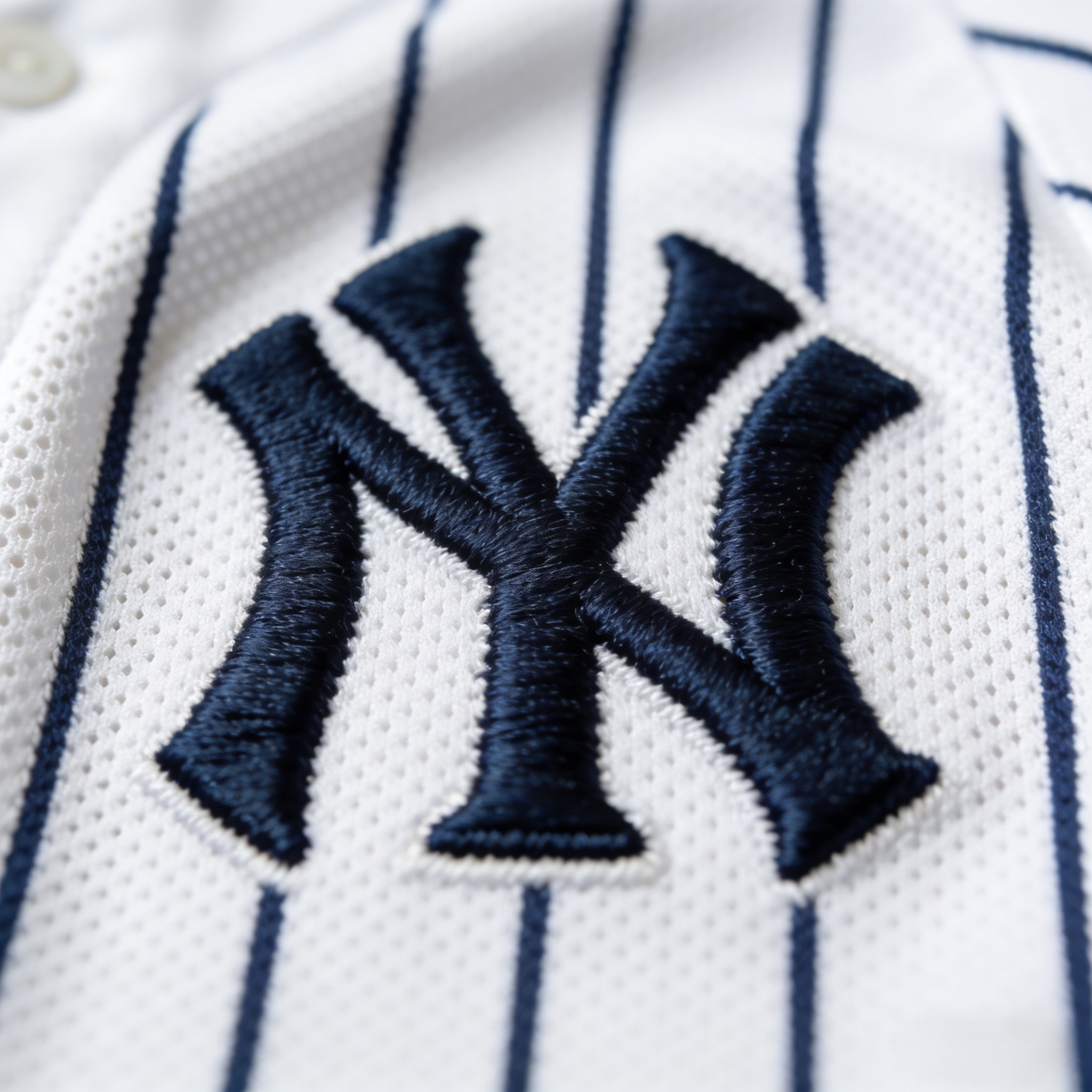 Aaron Judge Jersey: The Guide to the Captain’s Stitched Pinstripes 3 Macro close up of the navy blue stitched NY logo on a Yankees pinstripe jersey