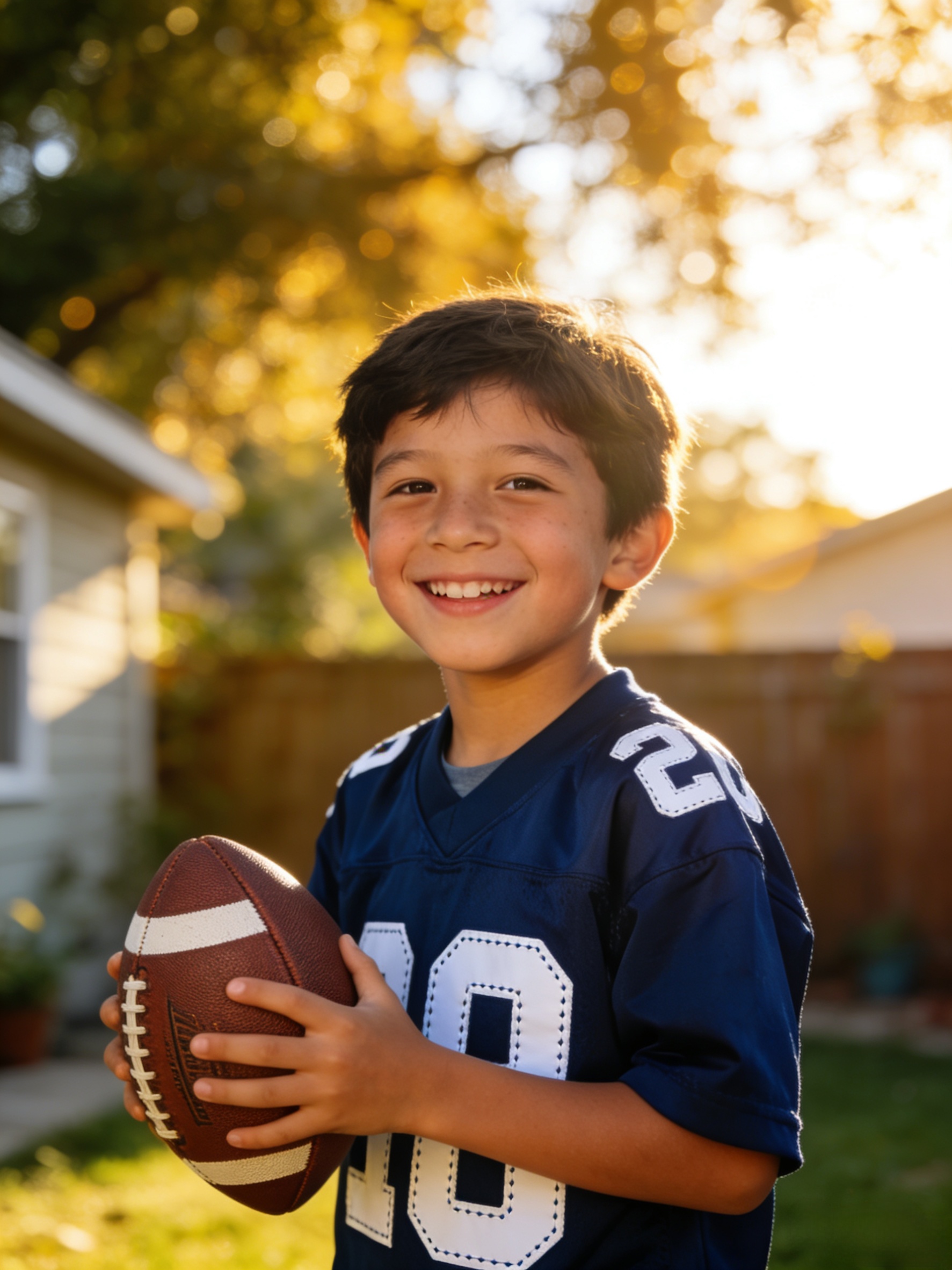 A happy young boy wearing a stitched youth football jersey holding a ball outdoors.