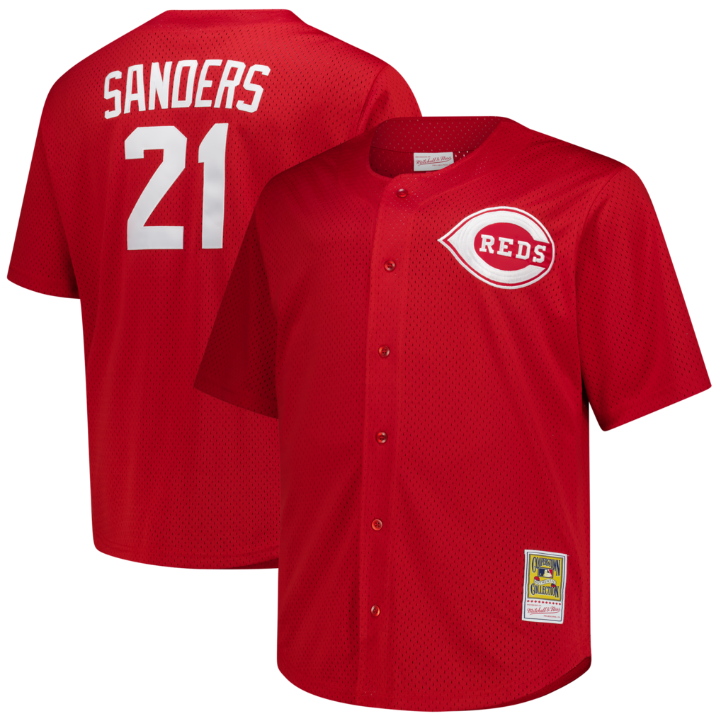 Cincinnati Reds Deion Sanders Mitchell Ness Red Stitched Big and Tall Cooperstown Mesh Batting Practice Jersey